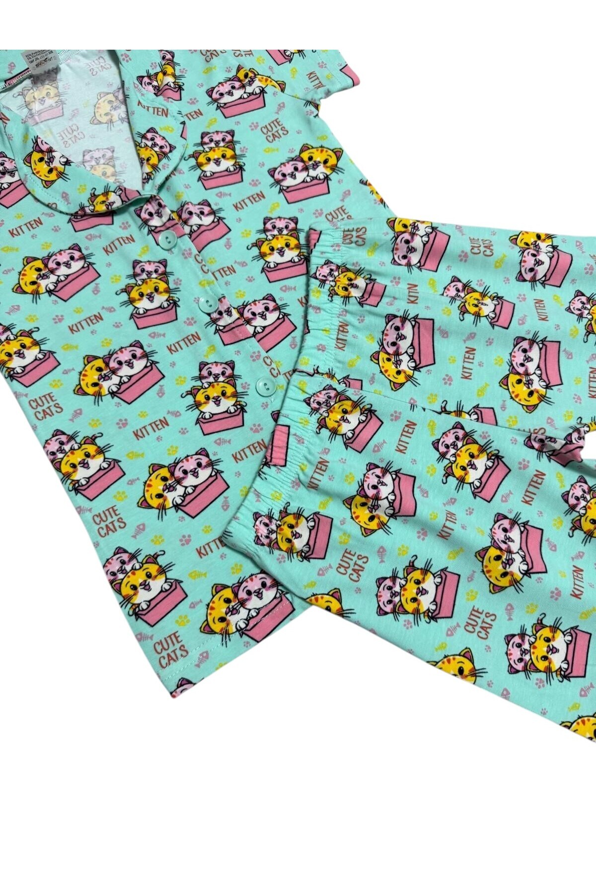 Fil Kids Kız Çocuk %100 Pamuklu Yeşil Kedi Desenli Düğmeli Kısa Kollu Şortlu İnterlok Yazlık Pijama Takımı fotoğrafı 4 (önizleme)