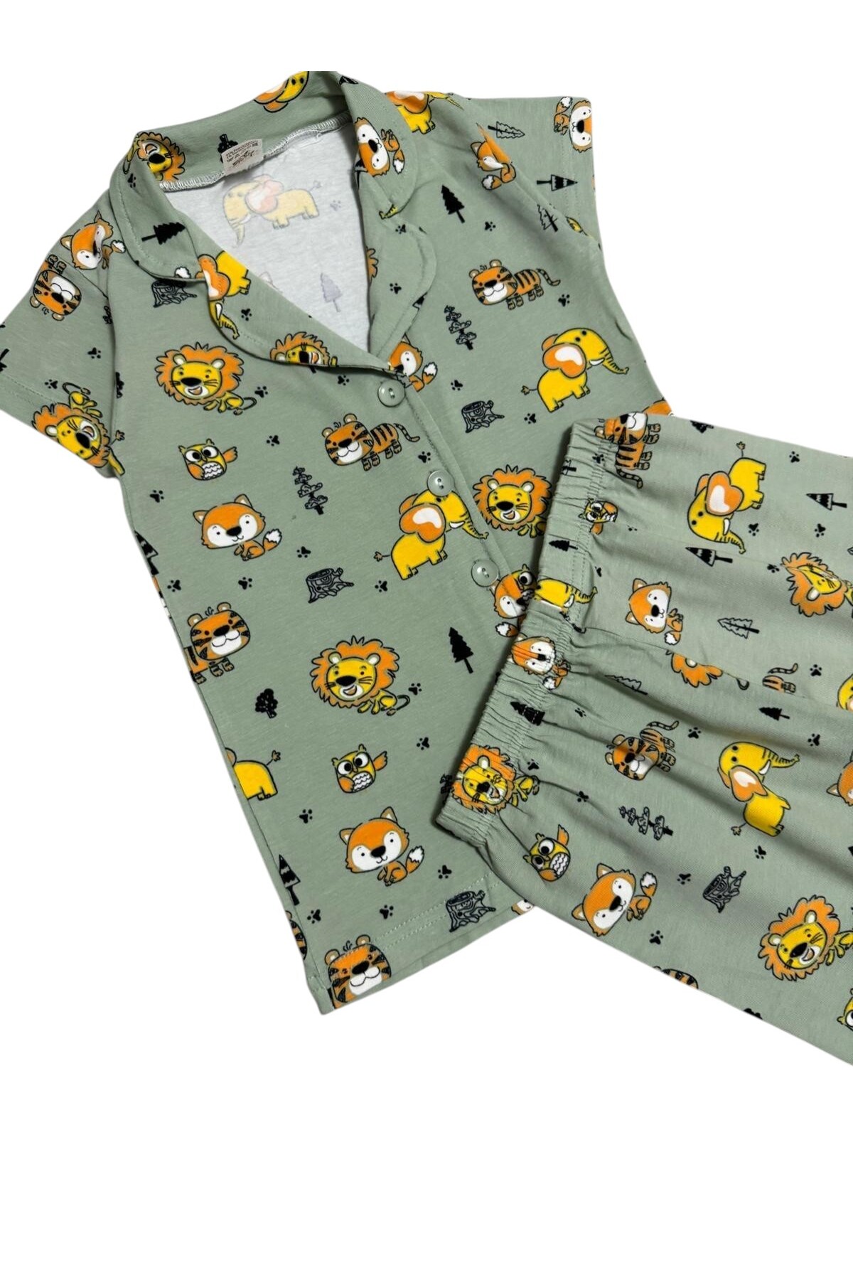 Fil Kids Erkek Çocuk %100 Pamuklu Yeşil Aslan Desenli Düğmeli Kısa Kollu Şortlu İnterlok Yazlık Pijama Takımı fotoğrafı 4 (önizleme)
