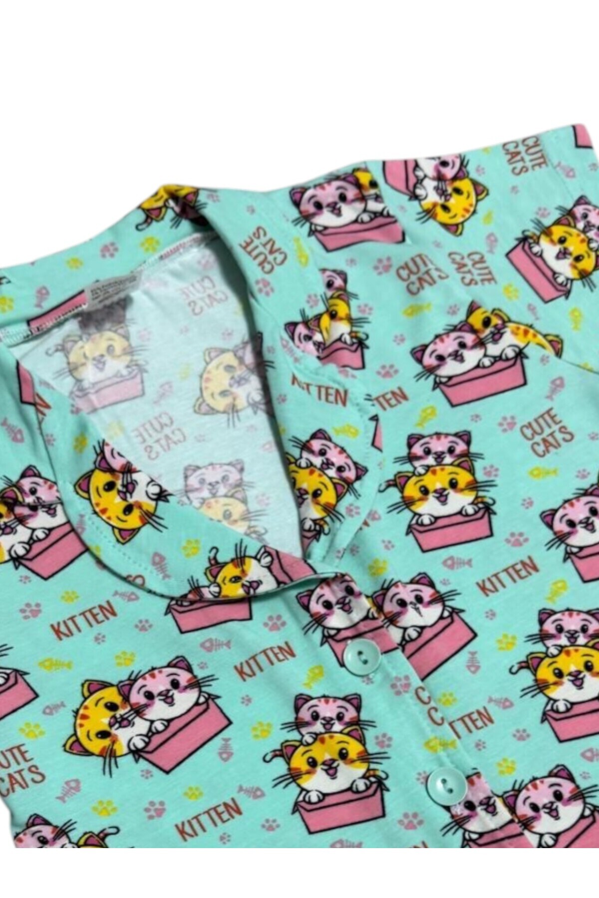 Fil Kids Kız Çocuk %100 Pamuklu Yeşil Kedi Desenli Düğmeli Kısa Kollu Şortlu İnterlok Yazlık Pijama Takımı fotoğrafı 2 (önizleme)