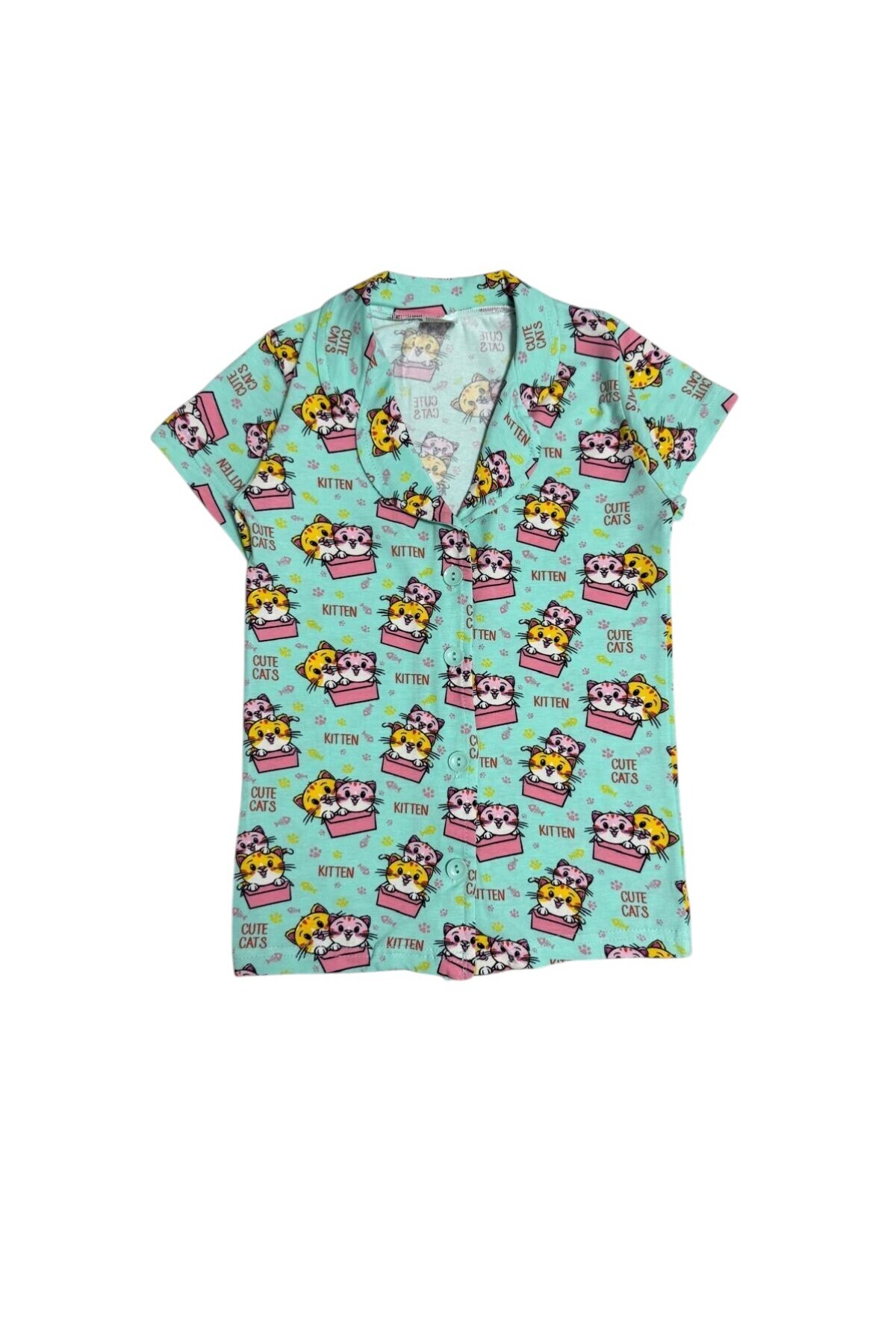 Fil Kids Kız Çocuk %100 Pamuklu Yeşil Kedi Desenli Düğmeli Kısa Kollu Şortlu İnterlok Yazlık Pijama Takımı fotoğrafı 5 (önizleme)