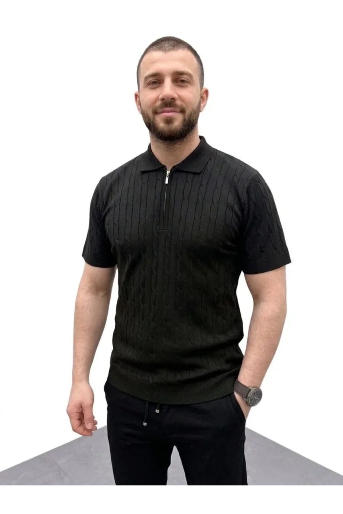 Erkek Yazlık Triko Saç Örgü Tişört Kısa Kol Polo Yaka Fermuarlı T-Shirt - Siyah