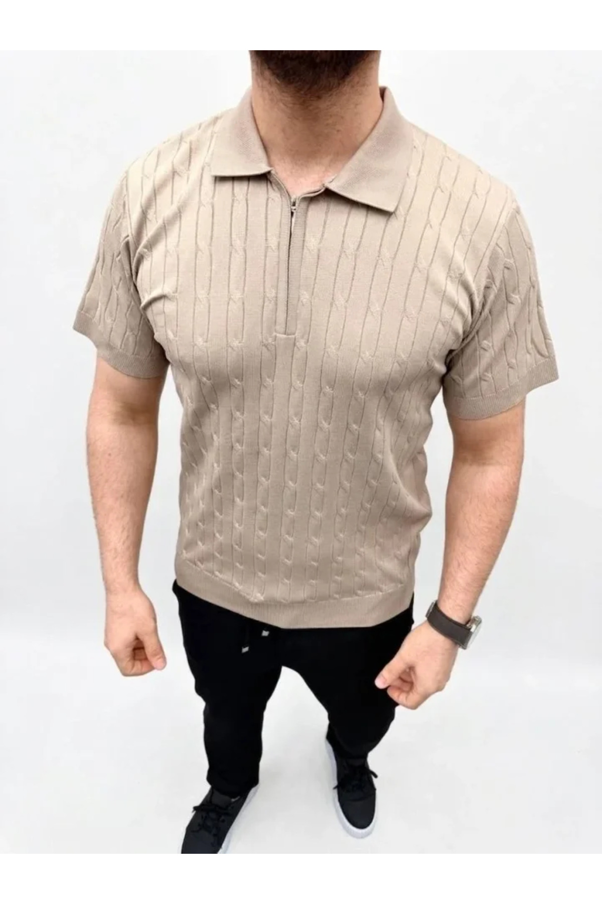 Erkek Yazlık Triko Saç Örgü Tişört Kısa Kol Polo Yaka Fermuarlı T-Shirt - Bej