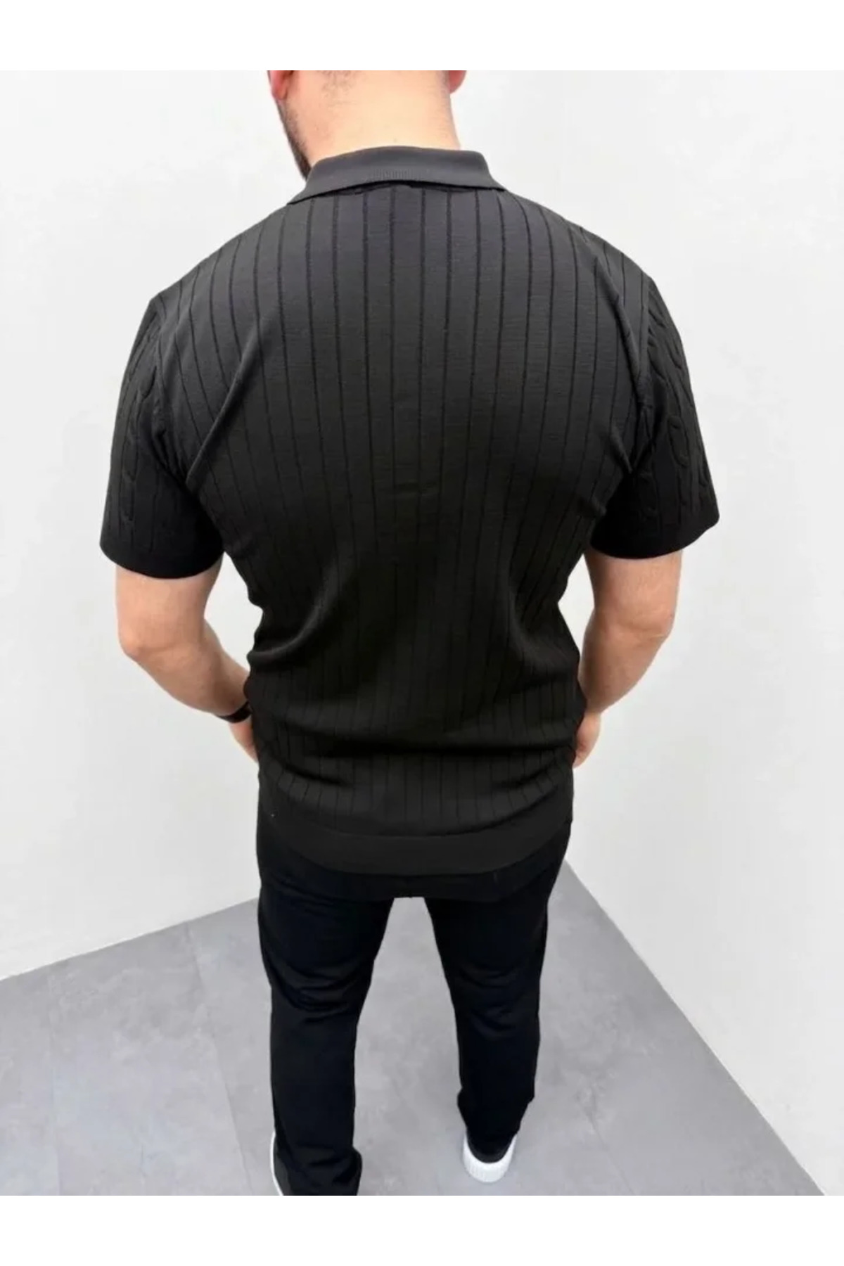 Erkek Yazlık Triko Saç Örgü Tişört Kısa Kol Polo Yaka Fermuarlı T-Shirt - Siyah