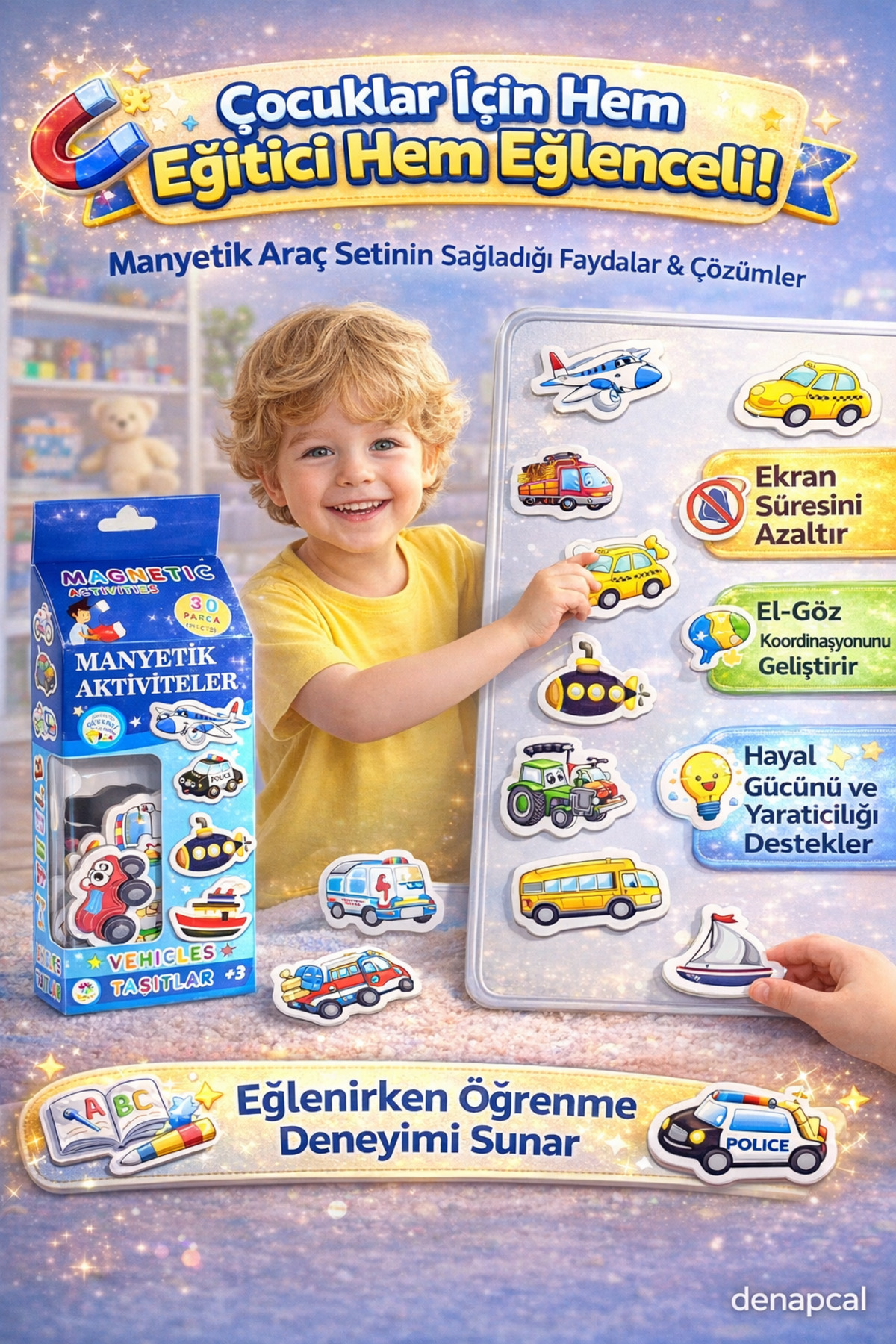 DENAPCAL Manyetik Bloklar Taşıtlar Kartları Manyetik Eğitici Aktivite Seti 3 Yaş+ 30 Parça fotoğrafı 2 (önizleme)