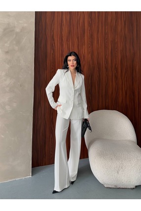 Celiora Kadın Kruvaze Yaka Düğme Detaylı Blazer Ceket Yüksek Bel Bol Paça Pan...