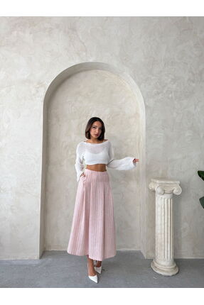 TOPSHOW PUDRA ÇİZGİLİ KETEN ETEK