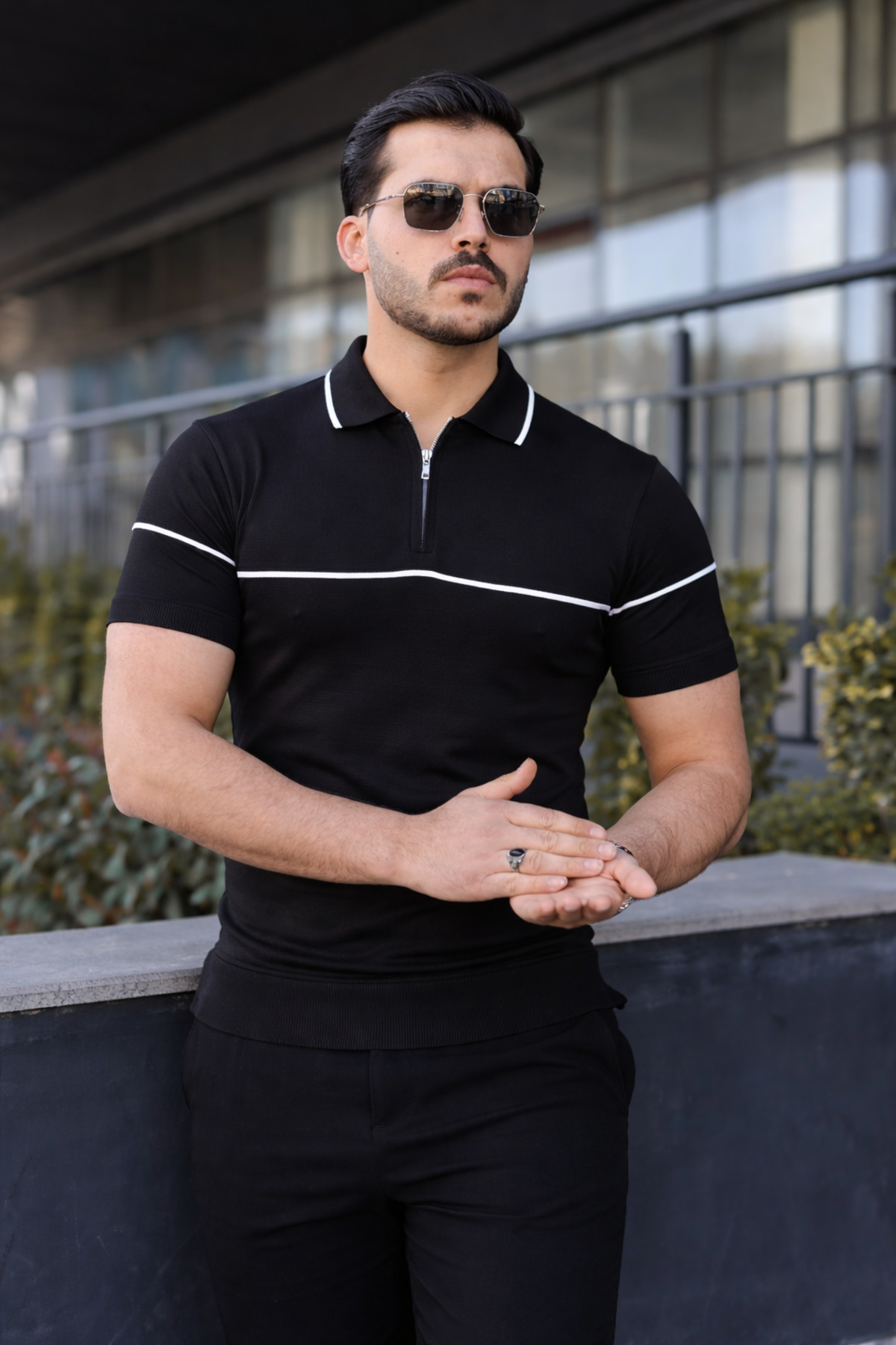 comstar Men's Casual Striped Zippered Knitwear Black Polo Neck T-Shirt