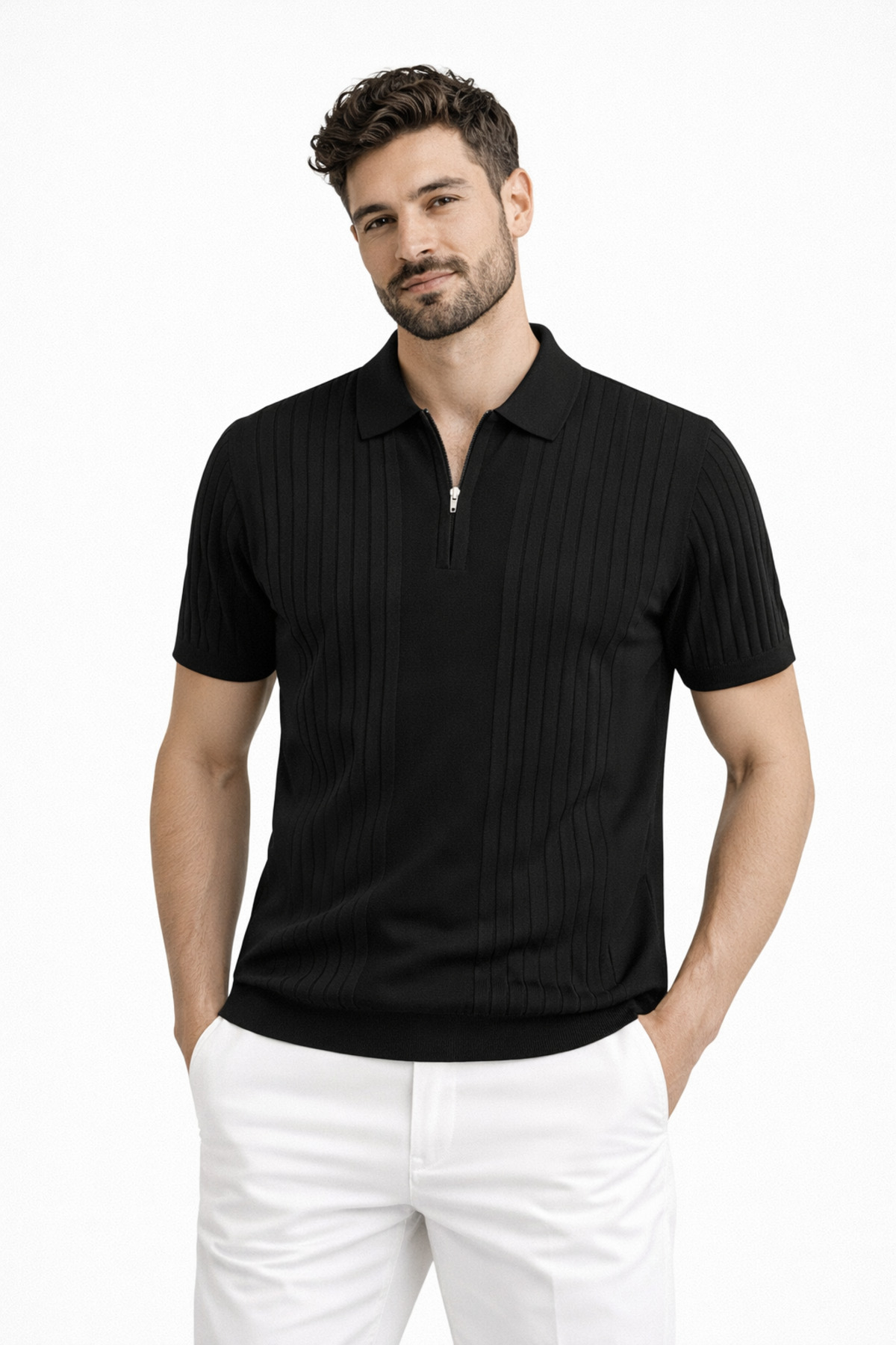 KAREL BUTİK Men's Zippered Black Regular Fit Polo Collar T-Shirt