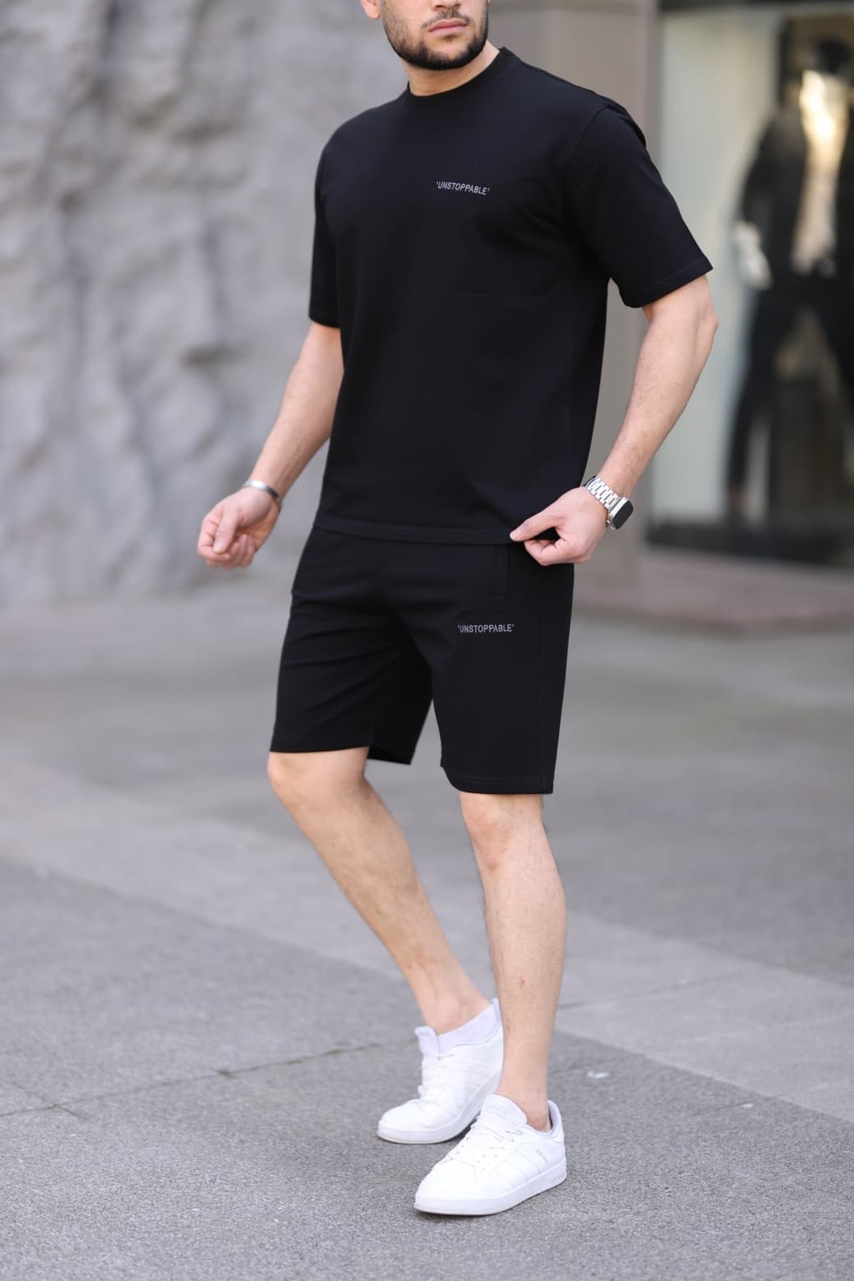 Erkek Comfort Fit Rahat Kalıp 2'li Set T-shirt ve Şort Eşofman Takımı — مشکی 5759 — تصویر 3 از 4