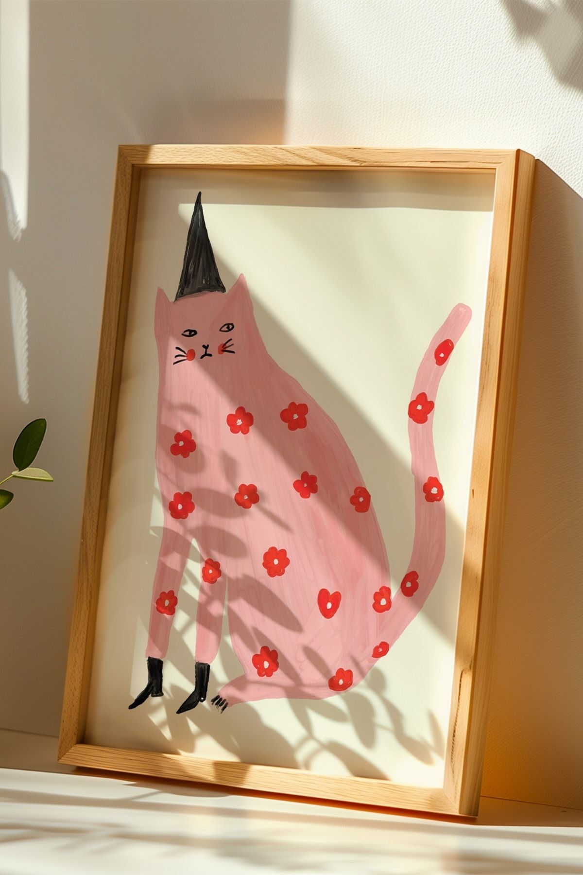 Pembe Kedi Tablo Minimal İllüstrasyon Poster Ev Duvar Dekoru Çerçevesiz