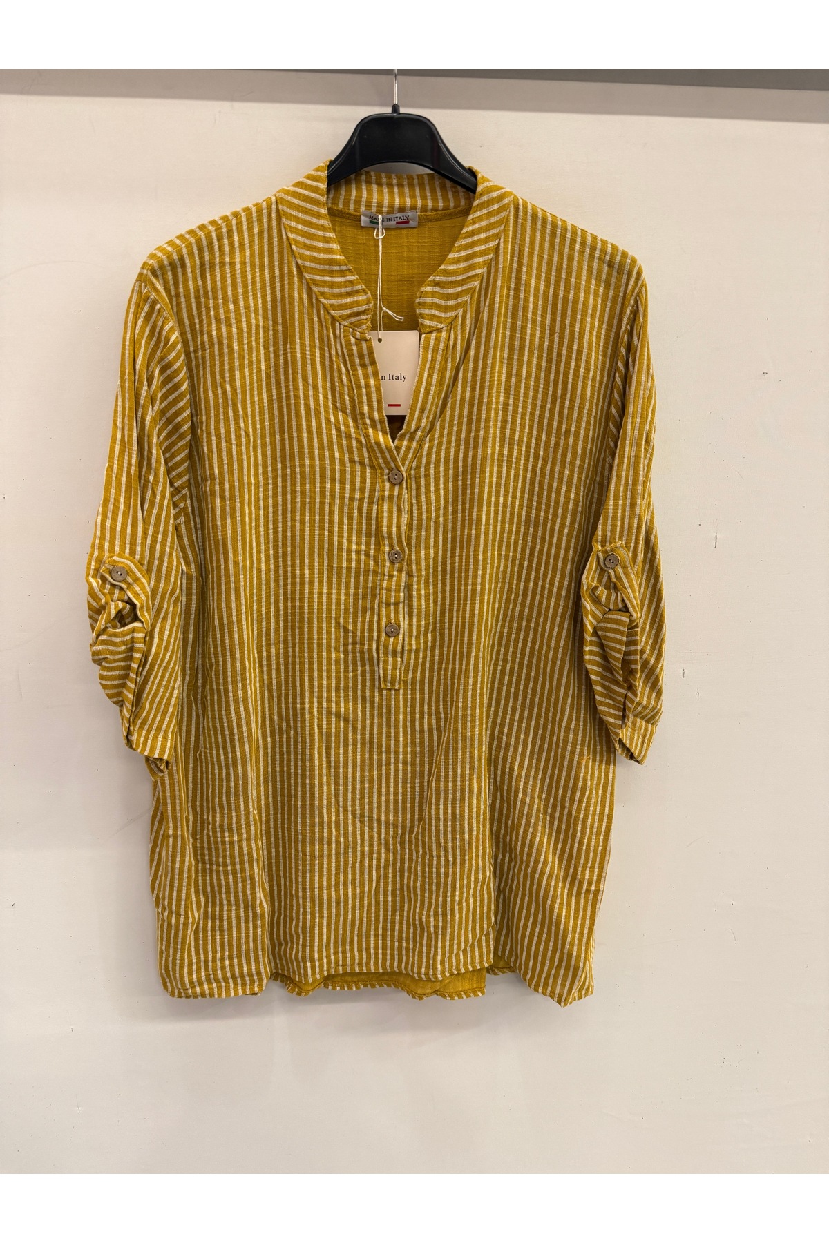 Women's Mustard Italian Striped Pattern Dominant Collar Short Sleeve Oversized Blouse Size 40 - 44