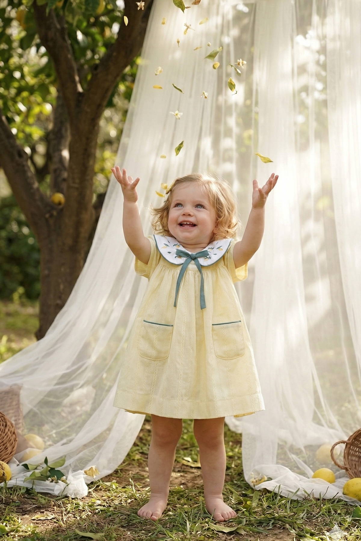 ALYRA Kız Bebek Elbise Kısa Kollu Bebe Yaka Sarı Limon Nakış Detaylı Özel Gün Doğum Günü Günlük Elbise fotoğrafı 4 (önizleme)