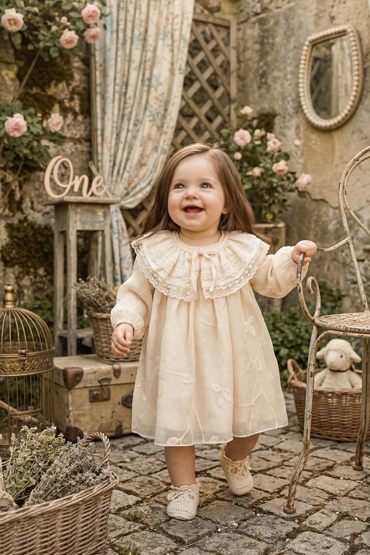 ALYRA Vintage Tarzı Krem Renkli Nakışlı Fiyonk Detaylı Uzun Kollu Bebek Elbisesi Özel Gün Elbise 9-24 Ay fotoğrafı 2 (önizleme)