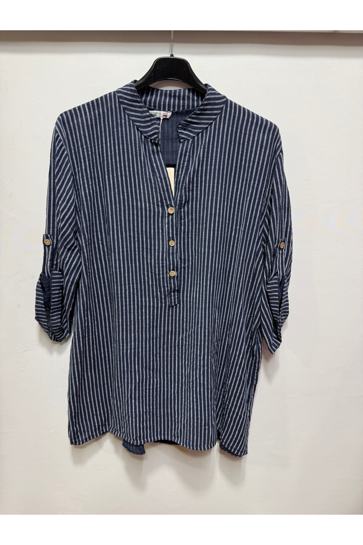 Women's Navy Blue Italian Line Pattern Dominant Collar Short Sleeve Oversized Blouse Size 40 - 44