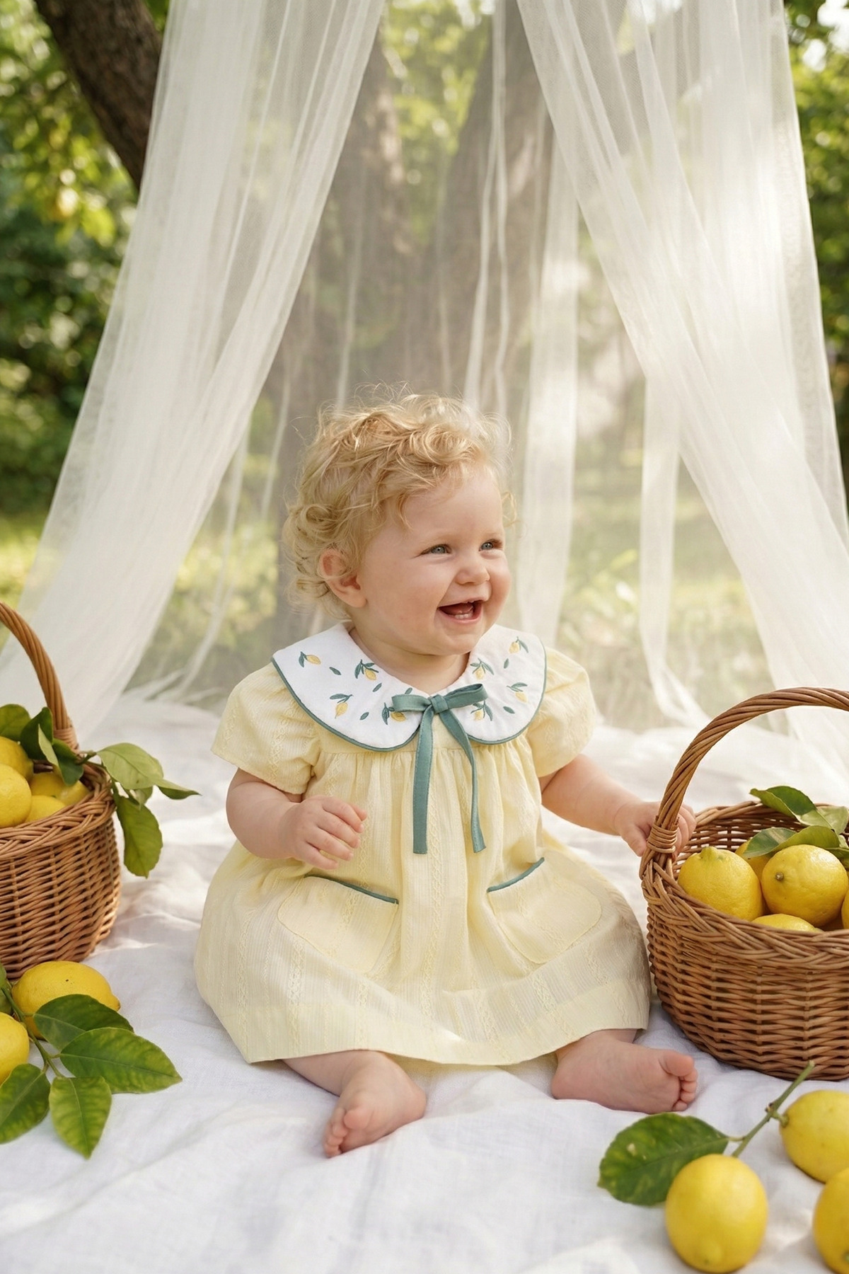 ALYRA Kız Bebek Elbise Kısa Kollu Bebe Yaka Sarı Limon Nakış Detaylı Özel Gün Doğum Günü Günlük Elbise fotoğrafı 3 (önizleme)