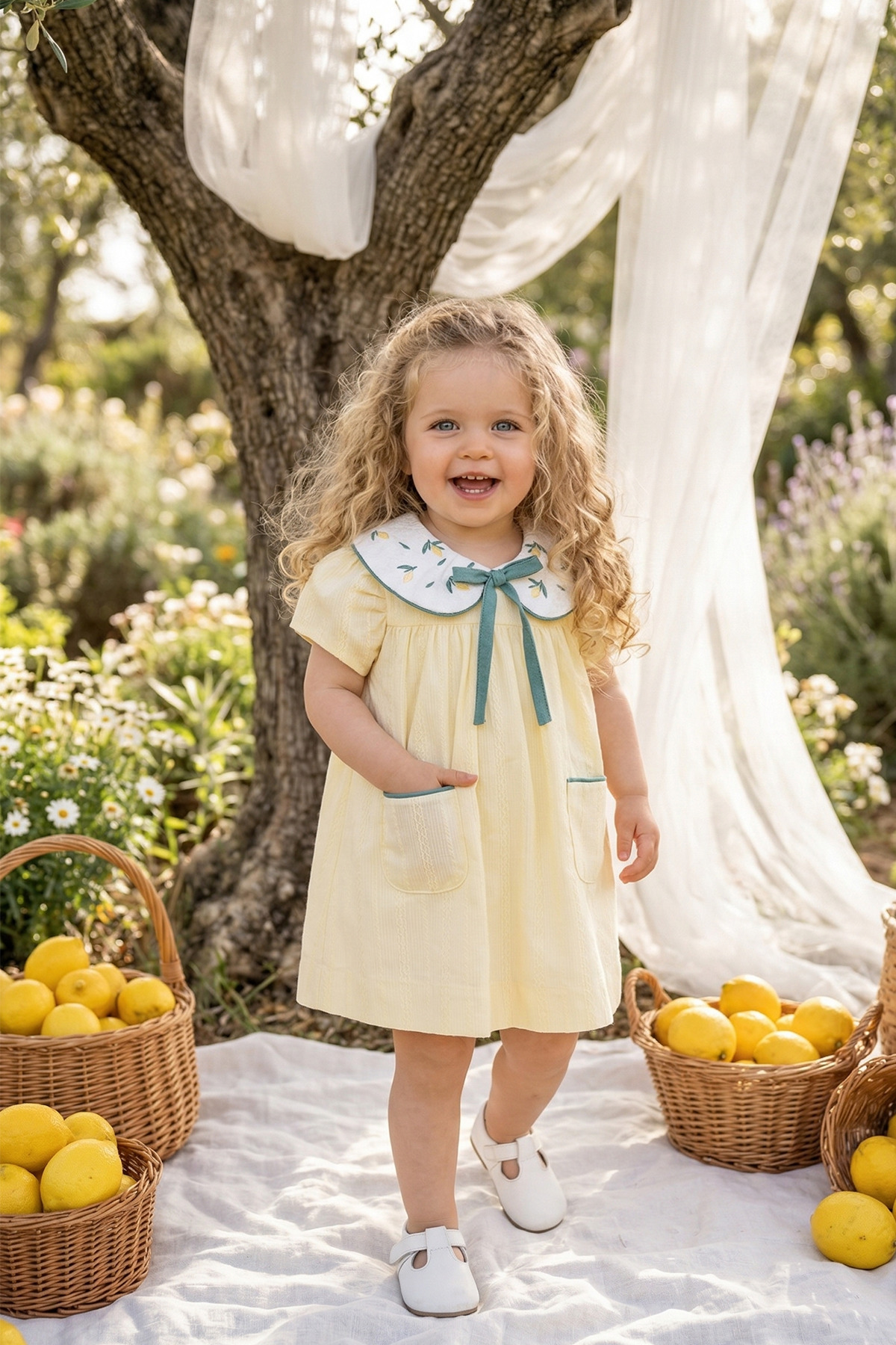 ALYRA Kız Bebek Elbise Kısa Kollu Bebe Yaka Sarı Limon Nakış Detaylı Özel Gün Doğum Günü Günlük Elbise fotoğrafı 5 (önizleme)