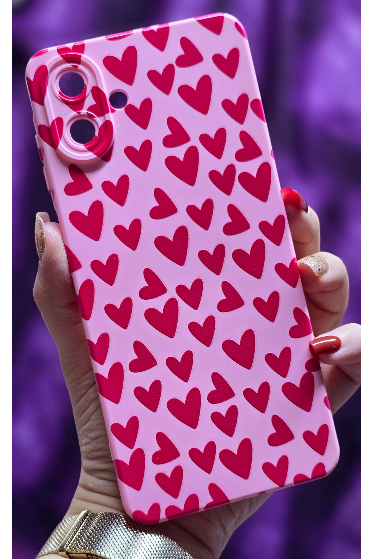 Samsung Galaxy A07 Compatible Heart Patterned Inside Velvet Candy Pink Phone Case