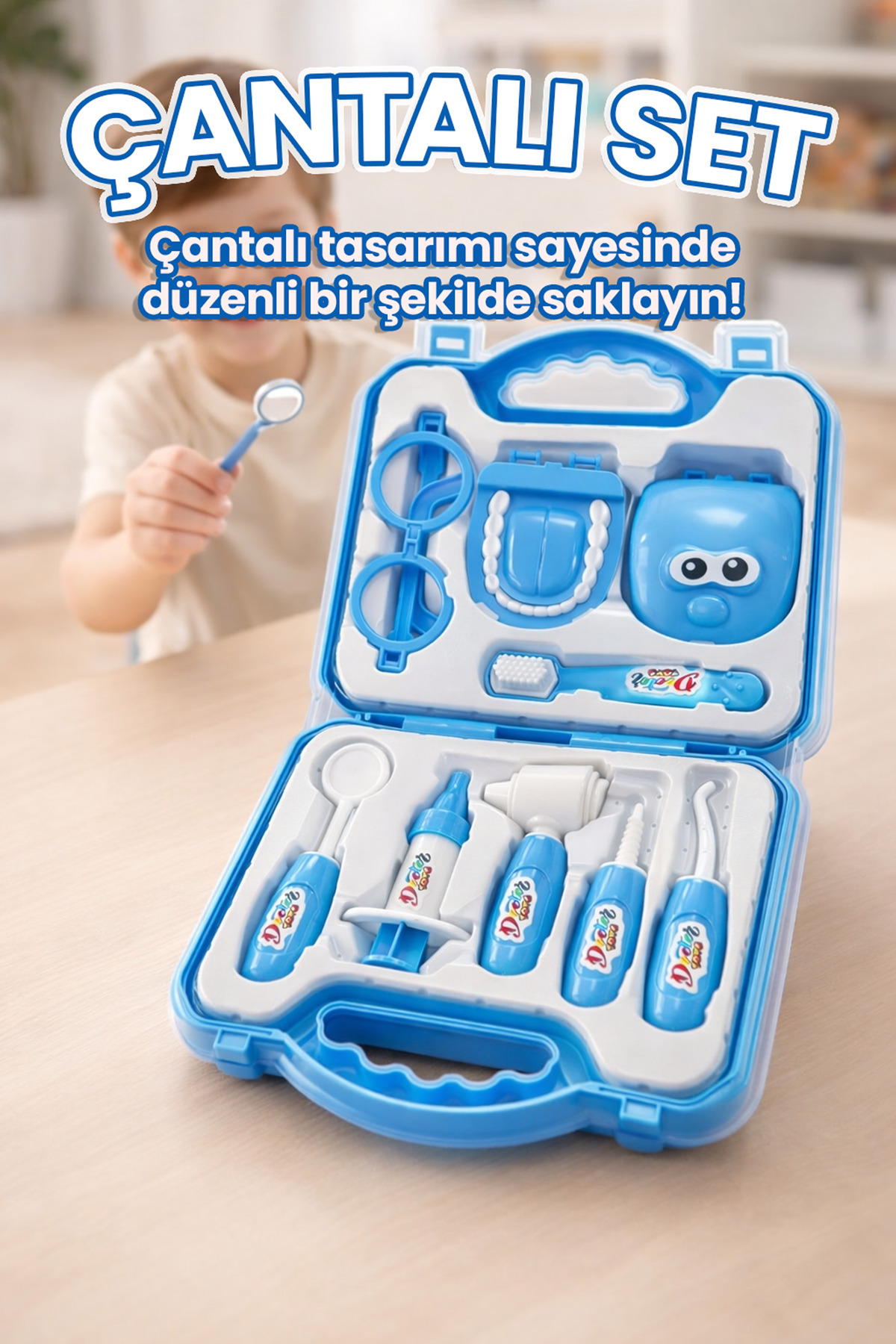 M&H Çantalı Oyuncak Dişçi Seti – 9 Parça Mavi Doktor Seti