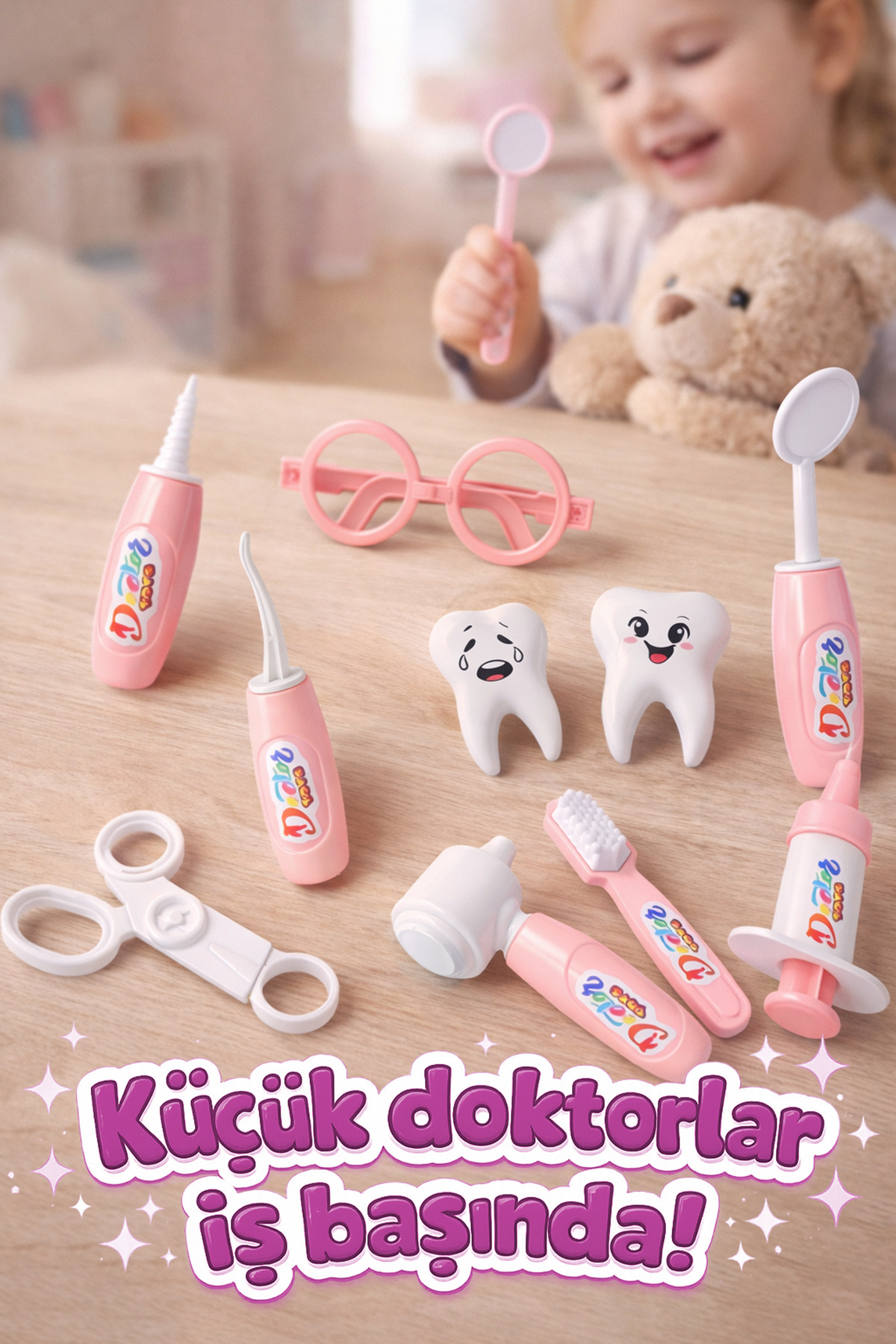 M&H Çantalı Oyuncak Dişçi Seti - 10 Parça Pembe Doktor Seti