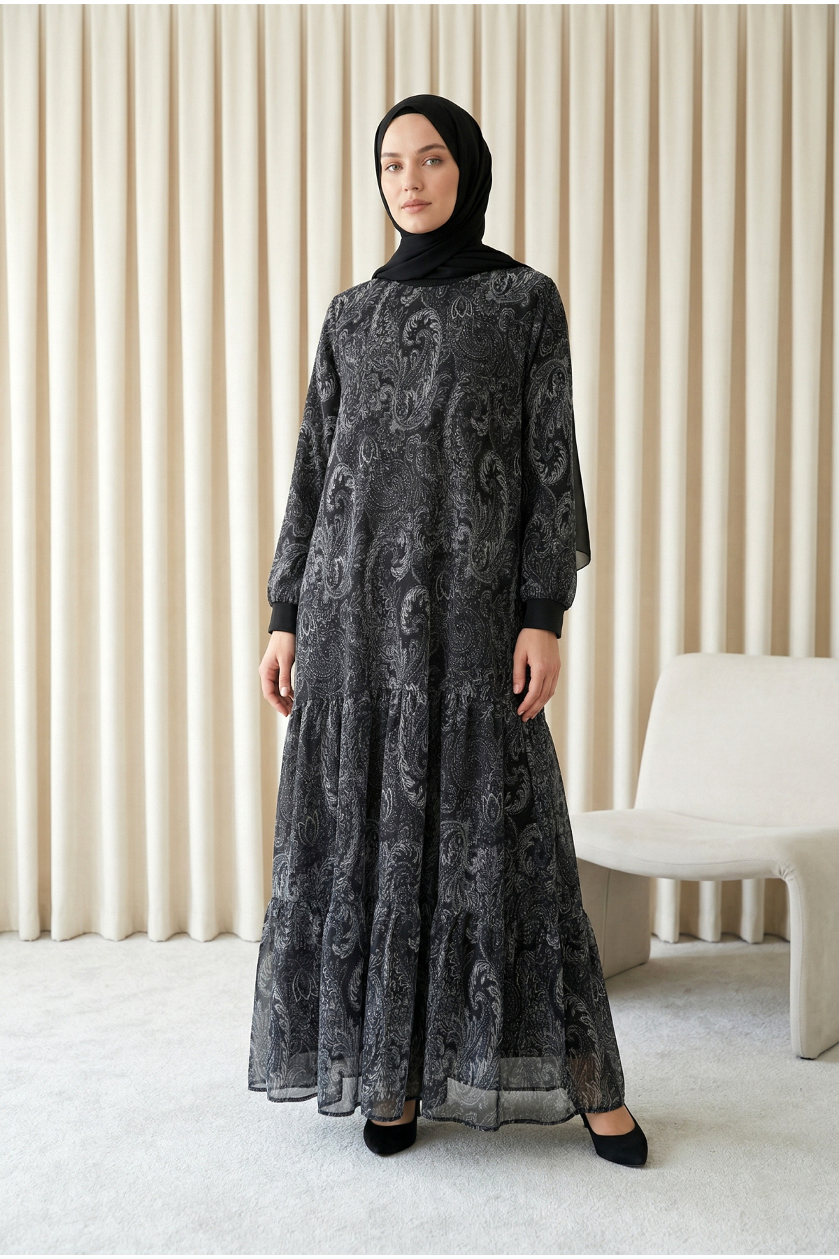 Authentic Pattern Lined Chiffon Dress - Anthracite