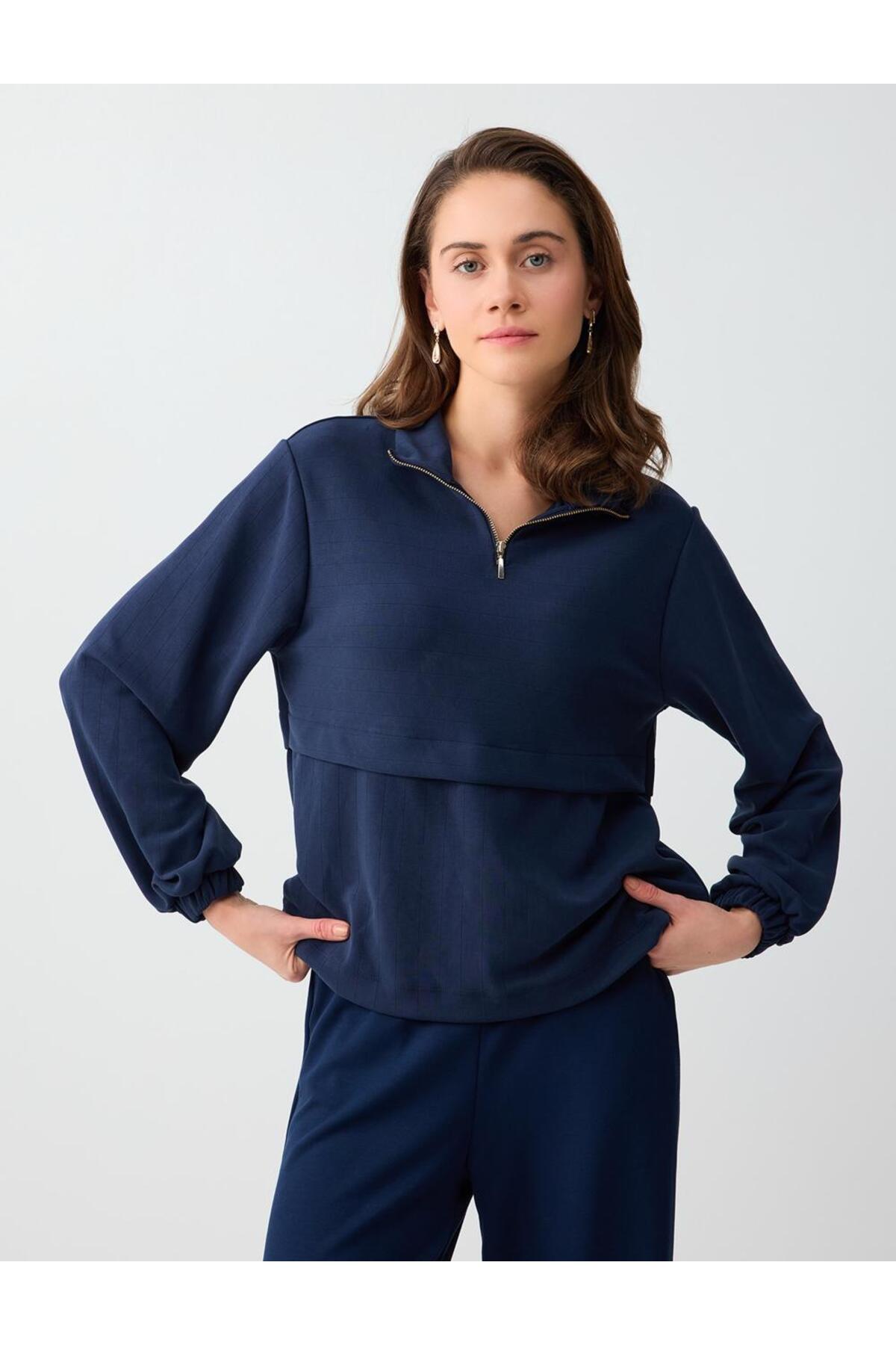 Jimmy Key  Lacivert Uzun Kollu Dik Yaka Örme Modal Sweatshirt - Görsel 3