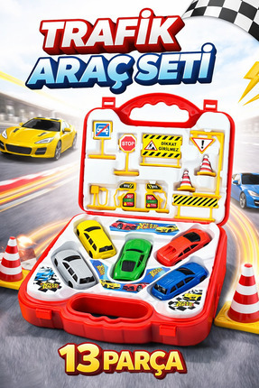 M&H Çantalı Oyuncak Araba Seti – 13 Parça Trafik & Yarış Araç Seti | Çocuklar...