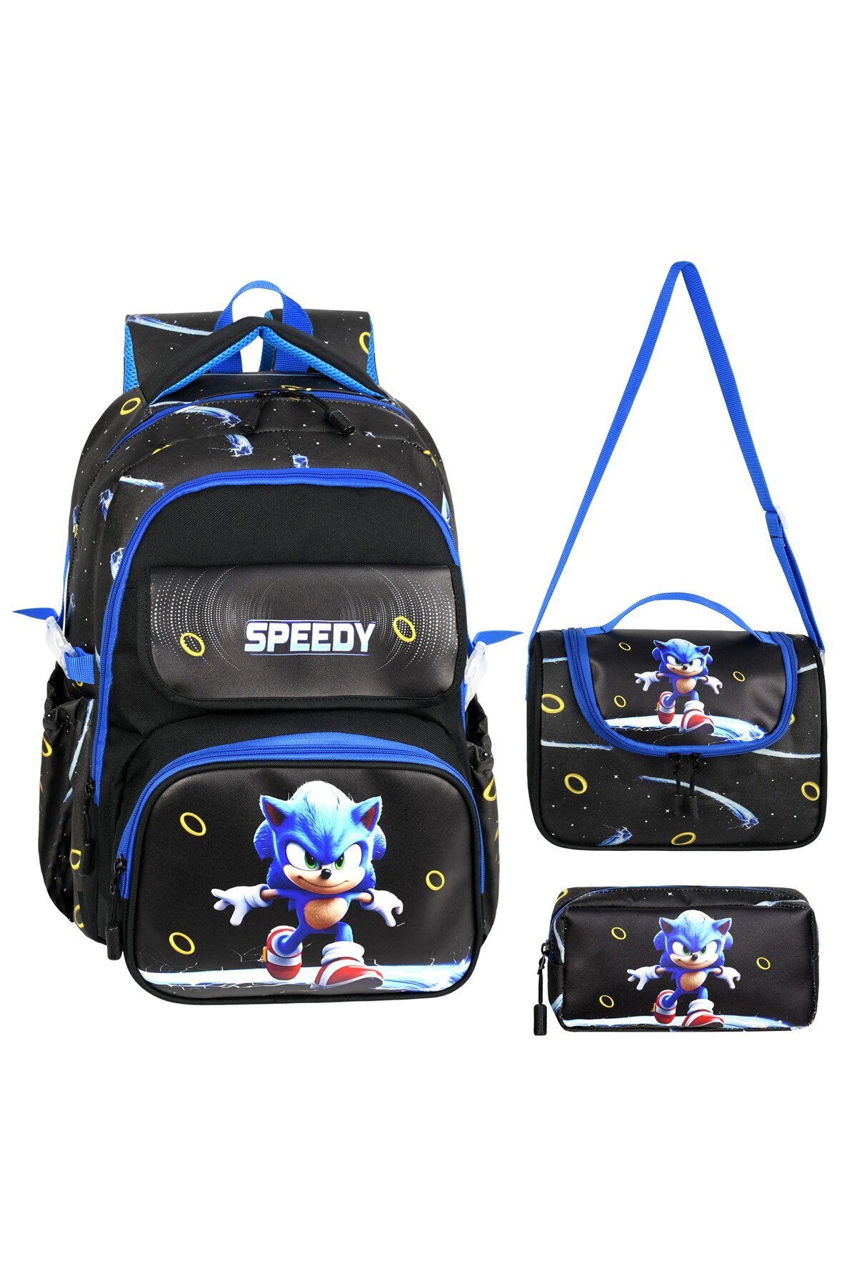 Leather Printed Sonic Themed Primary School Backpack,Thermal Feeding Bag and Pencil Case