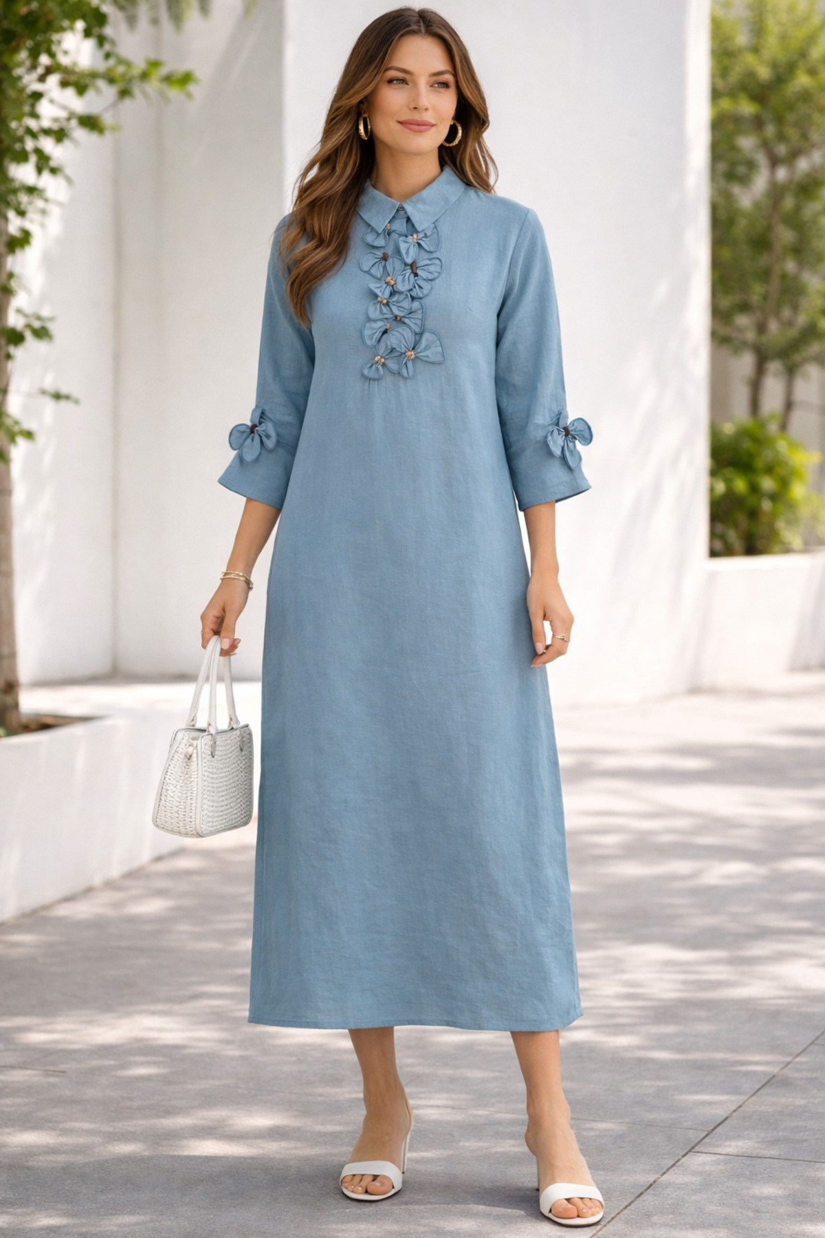 Lissmore 50% Linen, 50% Viscose Blend Full-Length Dress with Bow Detail and Side Pockets