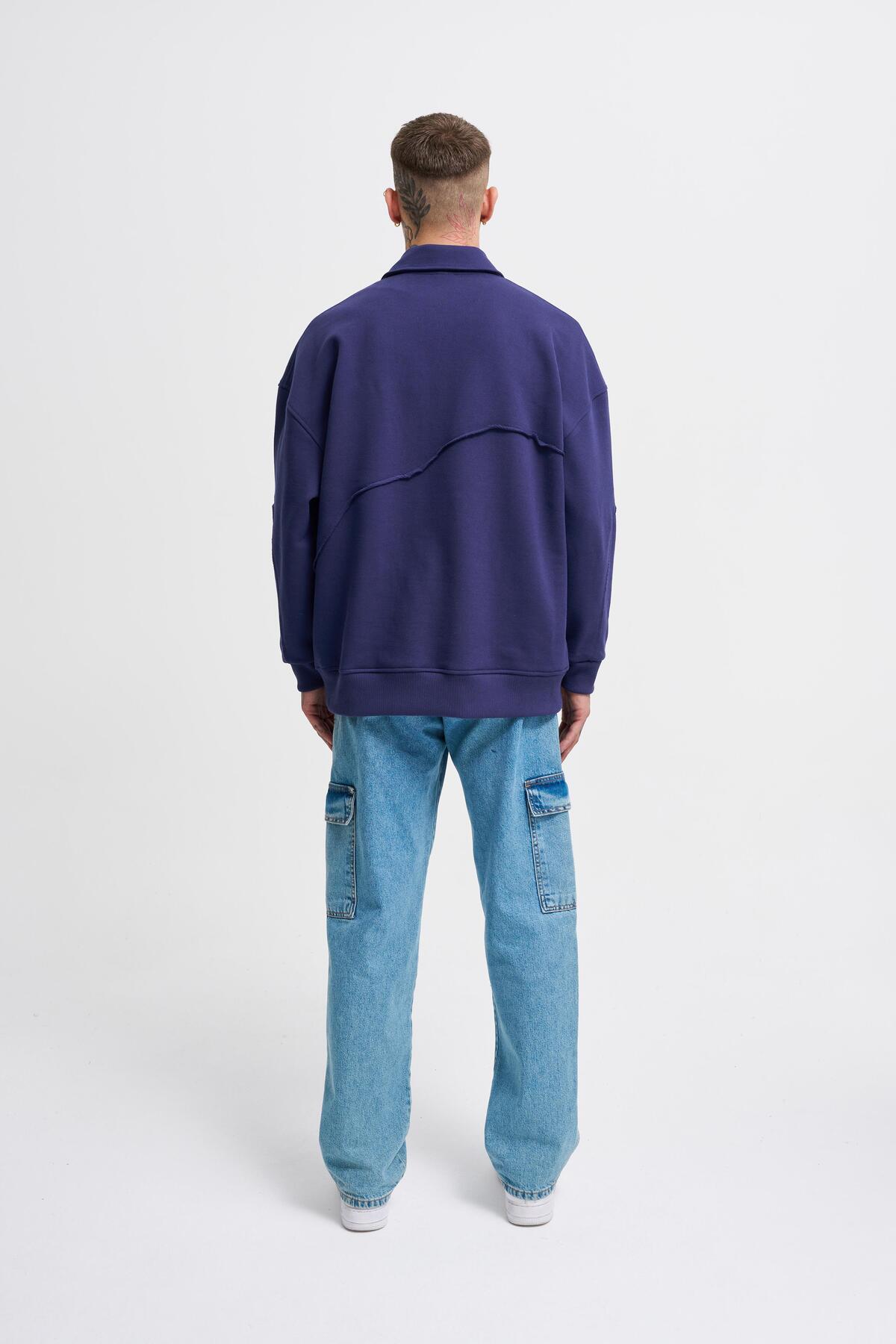 Machinist Erkek Distressed Stitch Polo Sweatshirt Gece Mavisi görsel 5