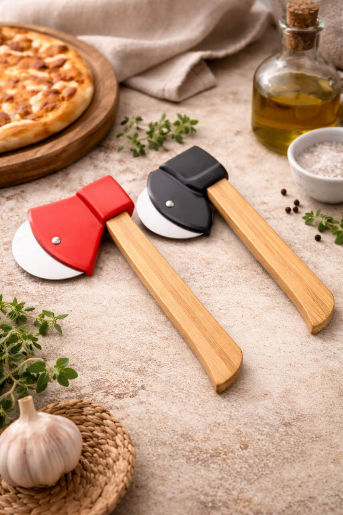 Anadolu Saray Pratik Bambu Saplı Pizza Kesici Balta Şekilli Hamur
