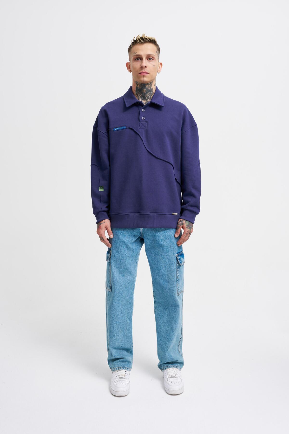 Machinist Erkek Distressed Stitch Polo Sweatshirt Gece Mavisi görsel 4