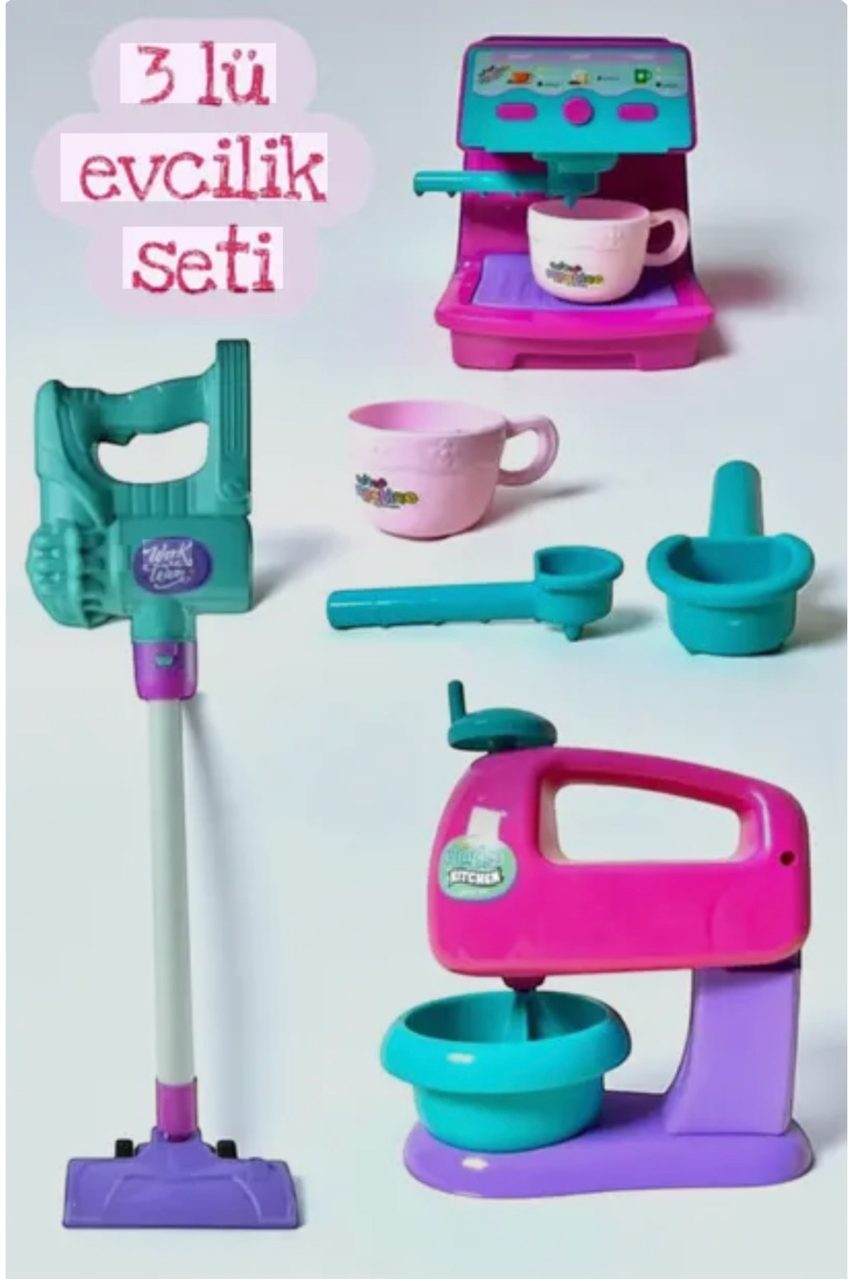 BYZ TOYS 3 LÜ SET KAHVE MAKİNESİ DİKEY SÜPÜRGE VE MİKSER MAKİNESİ