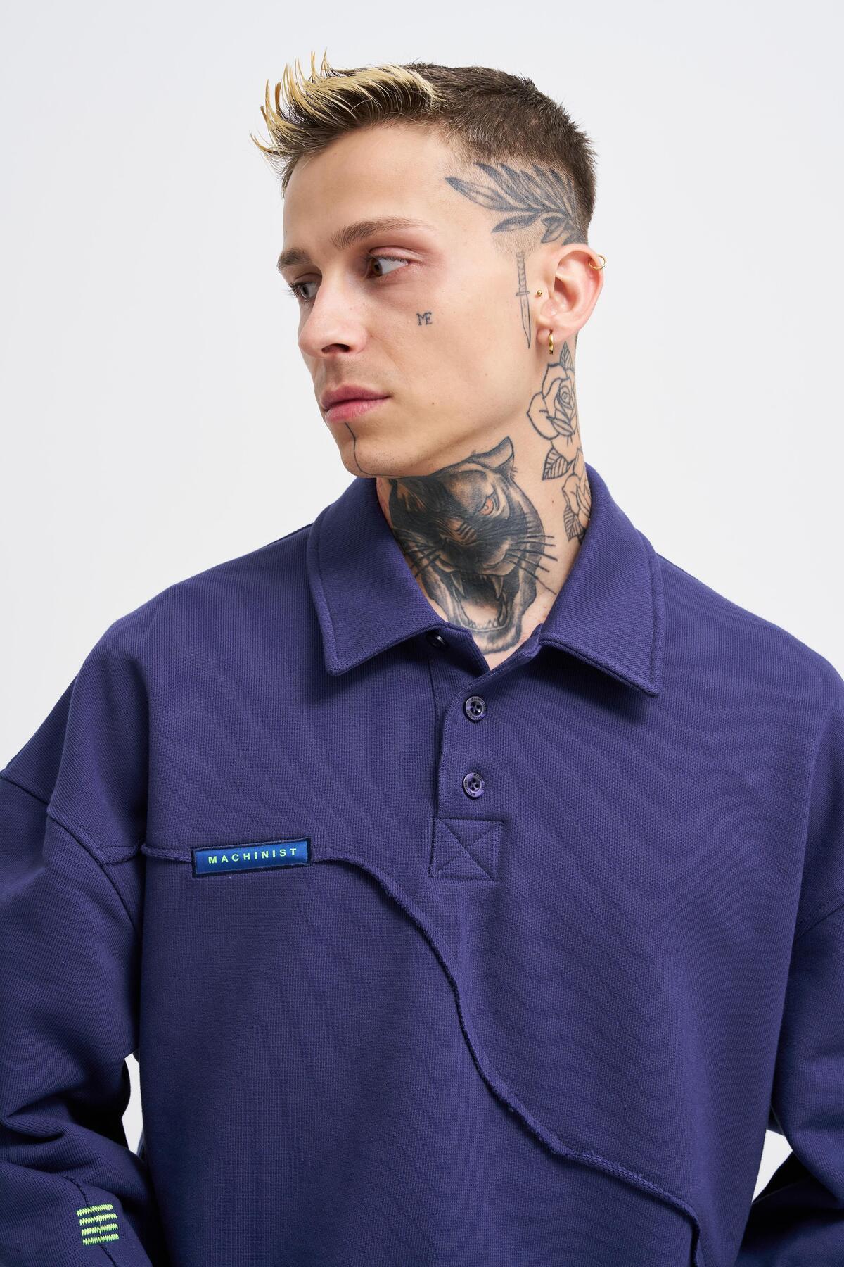 Machinist Erkek Distressed Stitch Polo Sweatshirt Gece Mavisi görsel 2