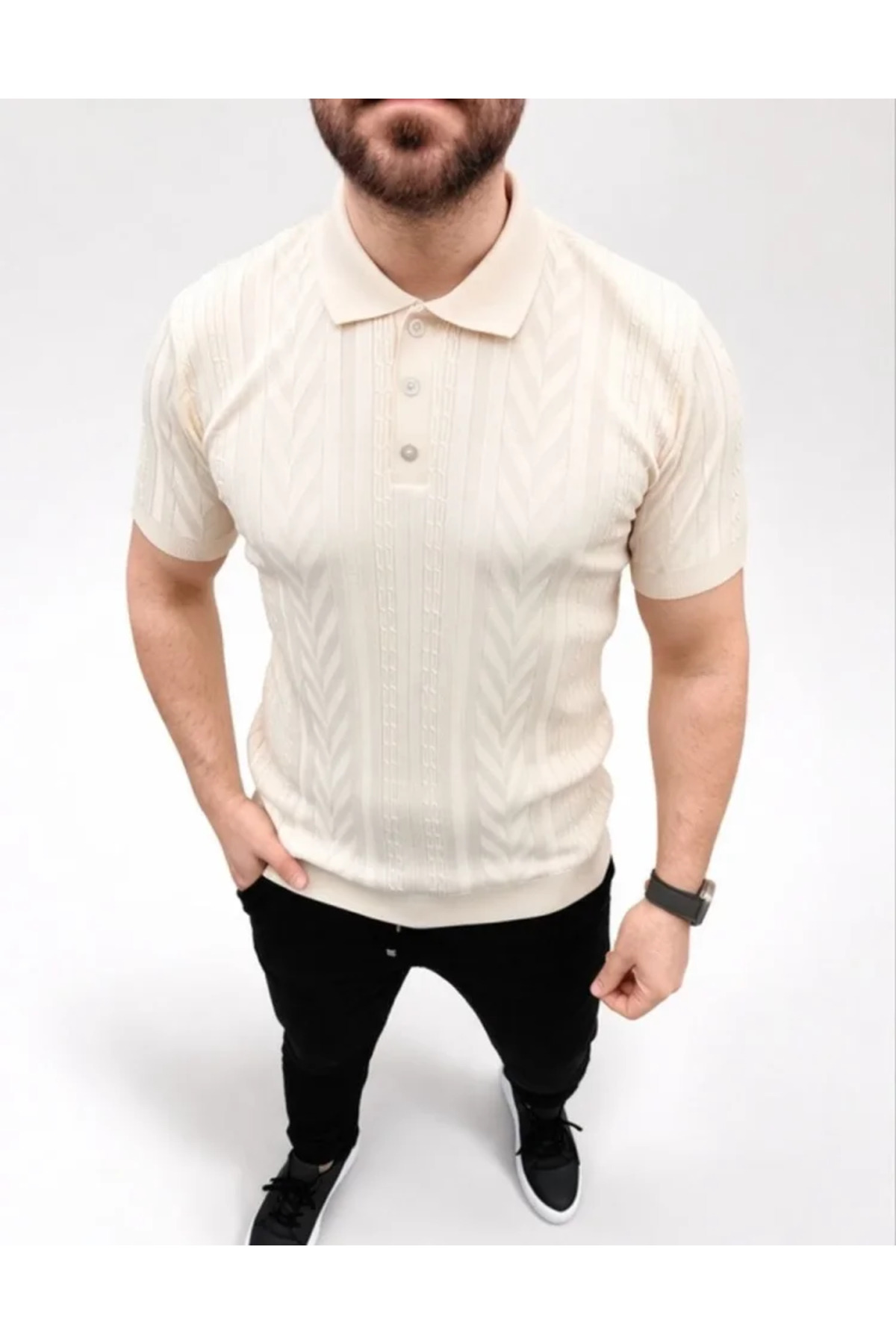 Erkek Yazlık Triko Tişört Kısa Kol Polo Yaka Düğmeli T-Shirt - Krem