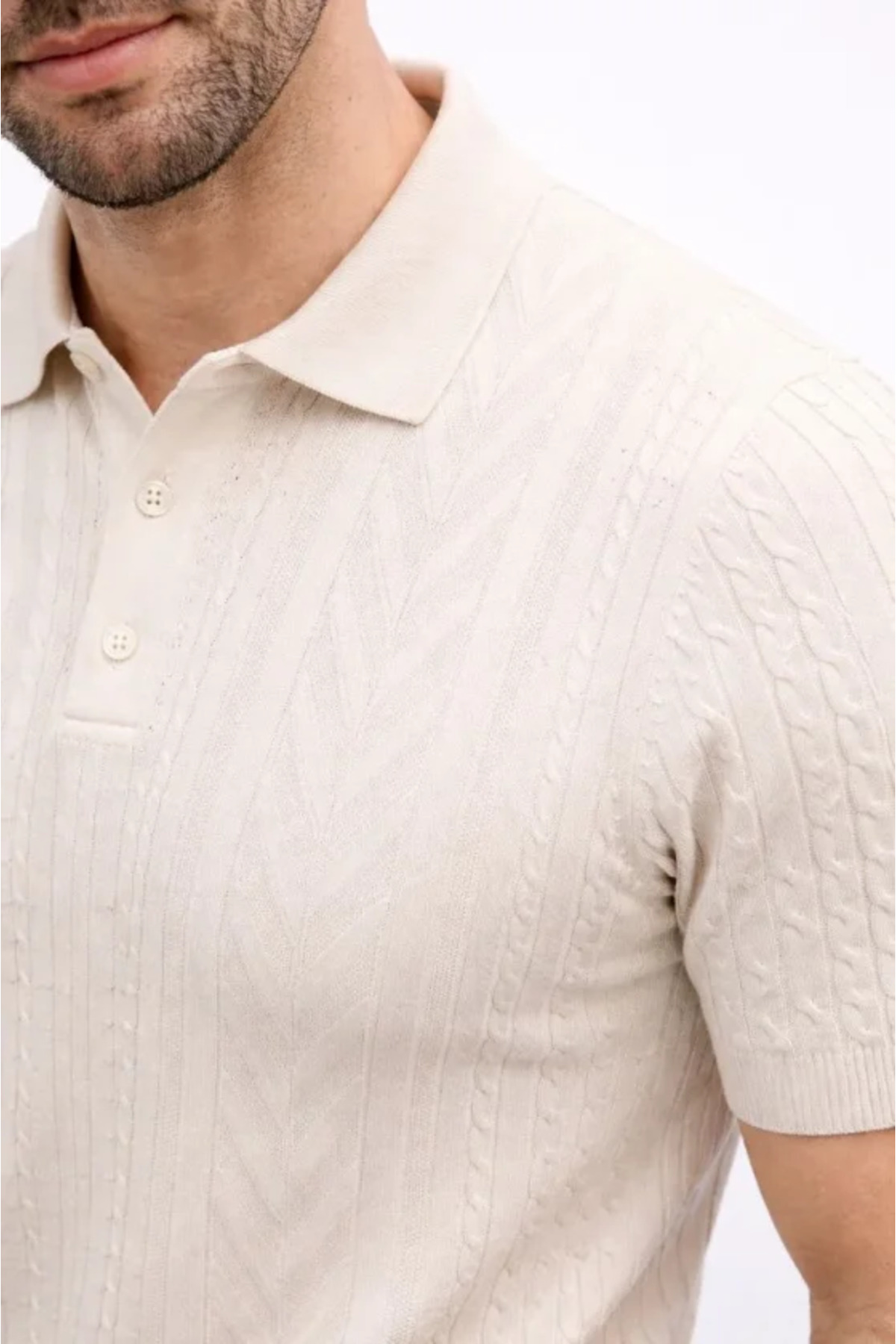 Erkek Yazlık Triko Tişört Kısa Kol Polo Yaka Düğmeli T-Shirt - Krem