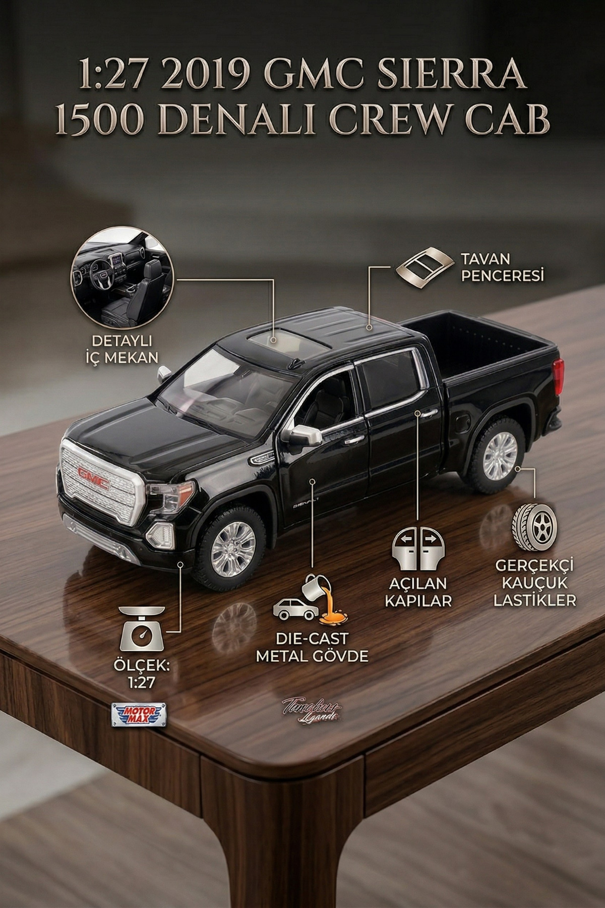 craftivio Motor Max 1:27 2019 Gmc Sierra 1500 Denali Crew Cab Black Licensed Diecast Metal Model Car