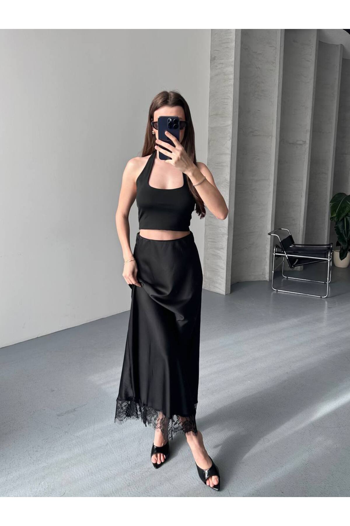 İLKCET MODA Dantelli Uzun Kadın Saten Etek görsel 6