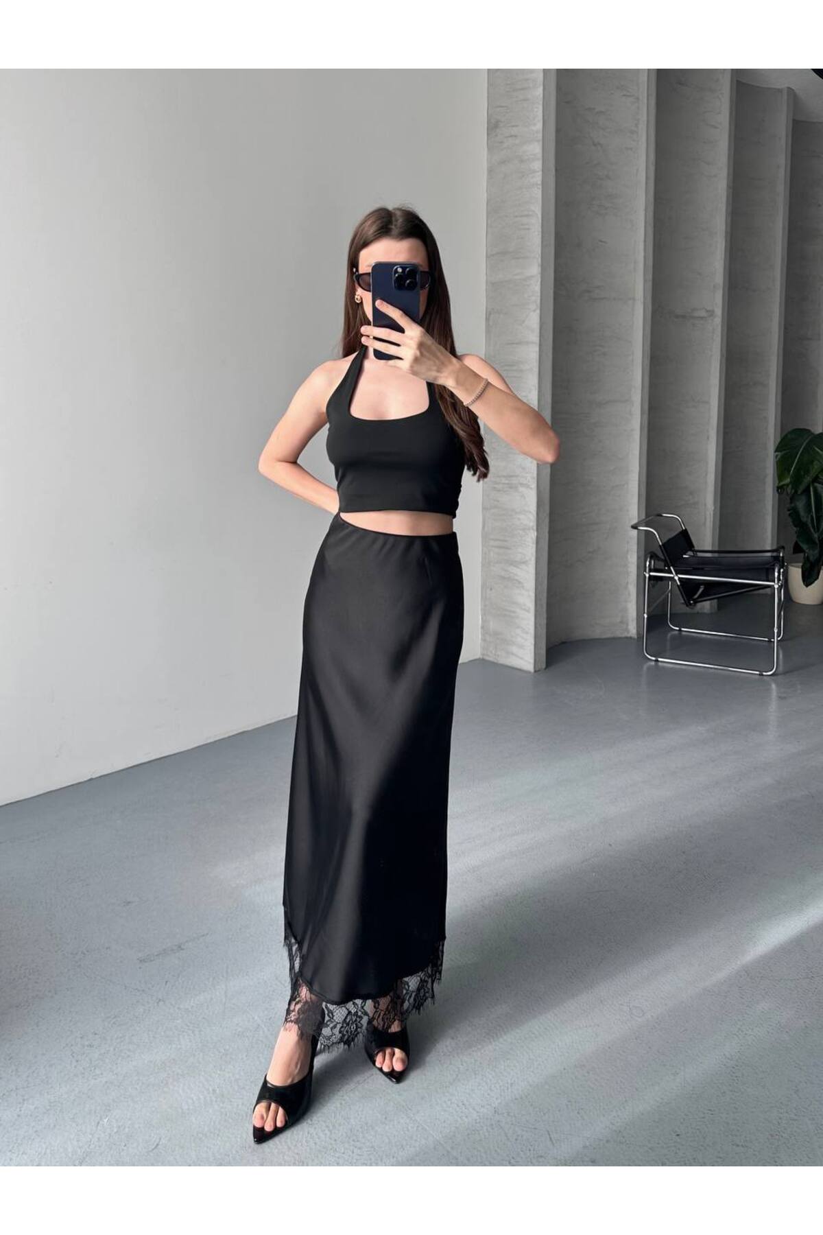 İLKCET MODA Dantelli Uzun Kadın Saten Etek görsel 3