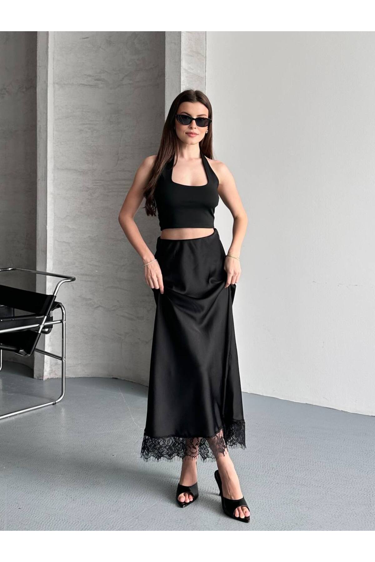 İLKCET MODA Dantelli Uzun Kadın Saten Etek görsel 5