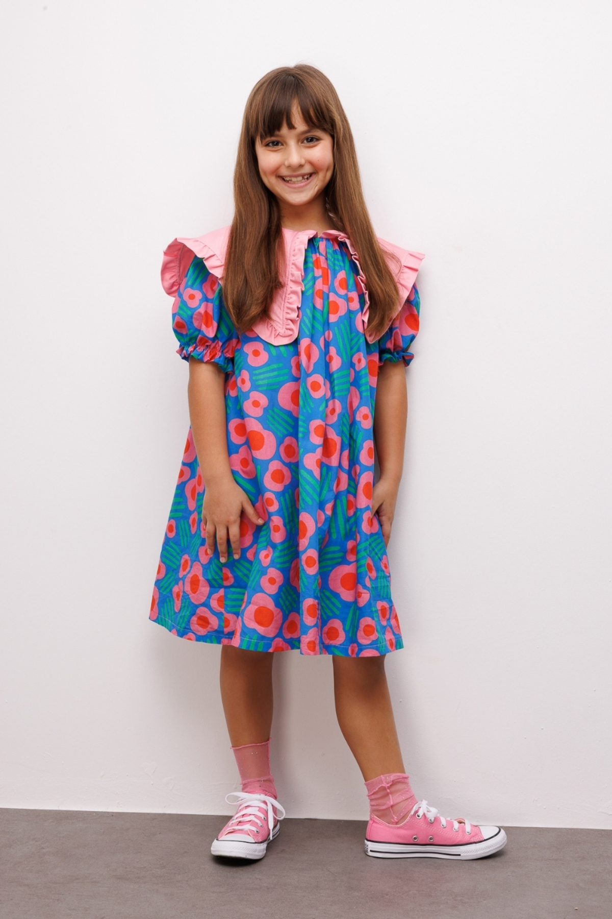 Le Mabelle Blue Pointed Collar Floral Patterned Girl's Dress - Megan