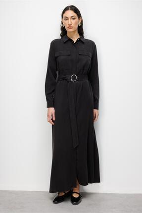 Mizalle Çift Cepli Uzun Kemerli Siyah Safari Elbise