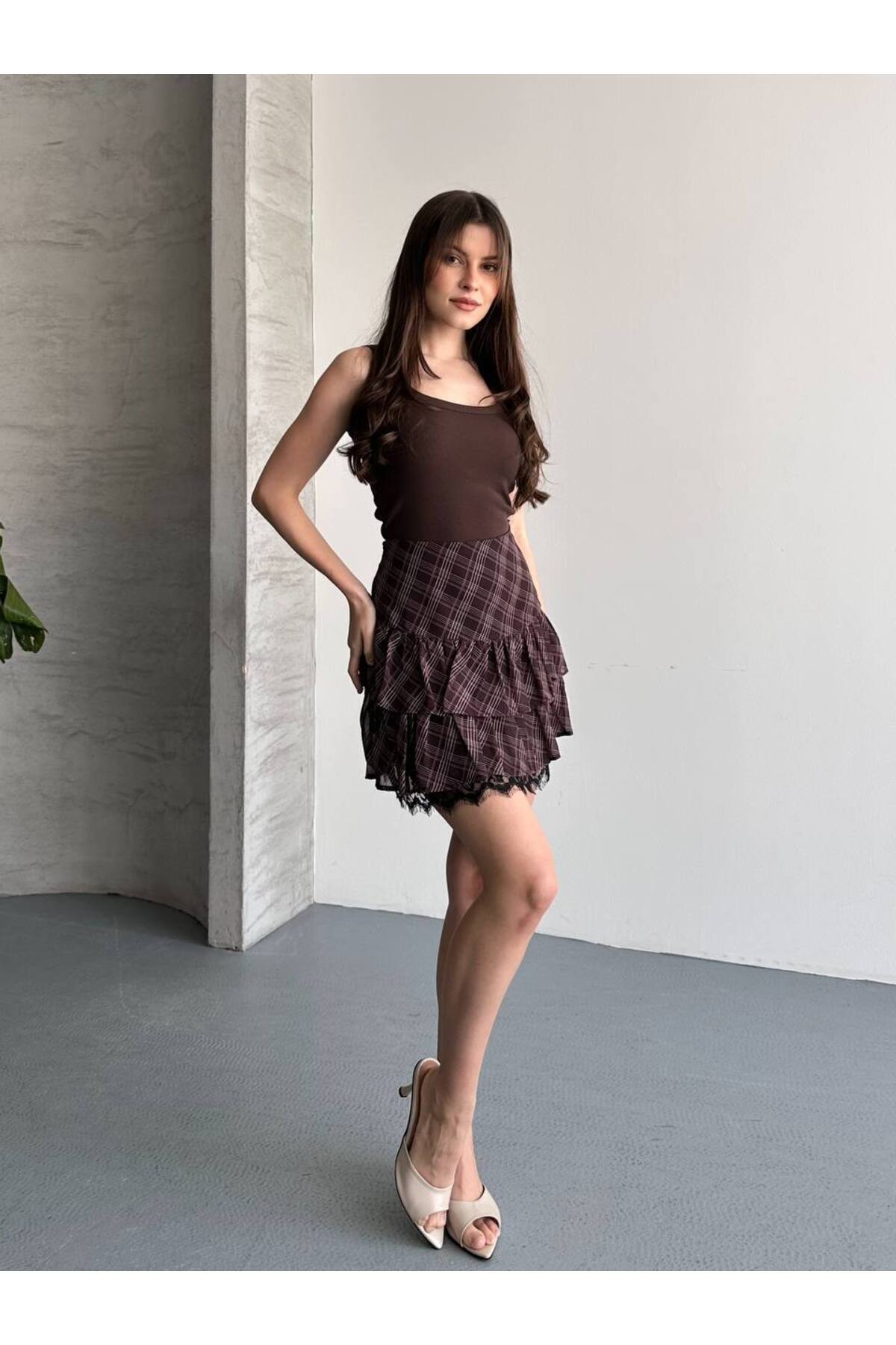 İLKCET MODA Pitikare Kahve Desenli Şifon Katlı Kadın Mini Etek görsel 7
