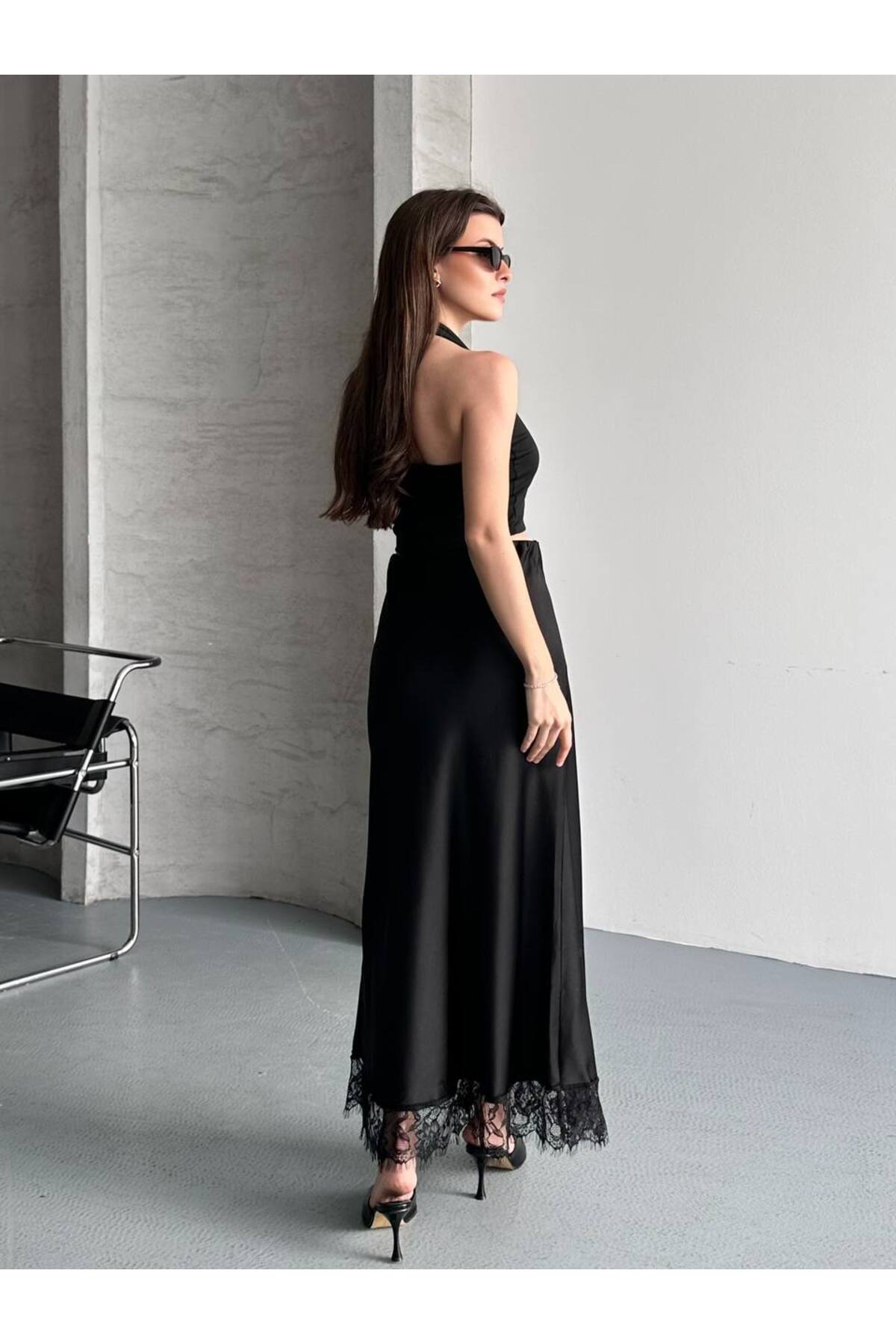 İLKCET MODA Dantelli Uzun Kadın Saten Etek görsel 4