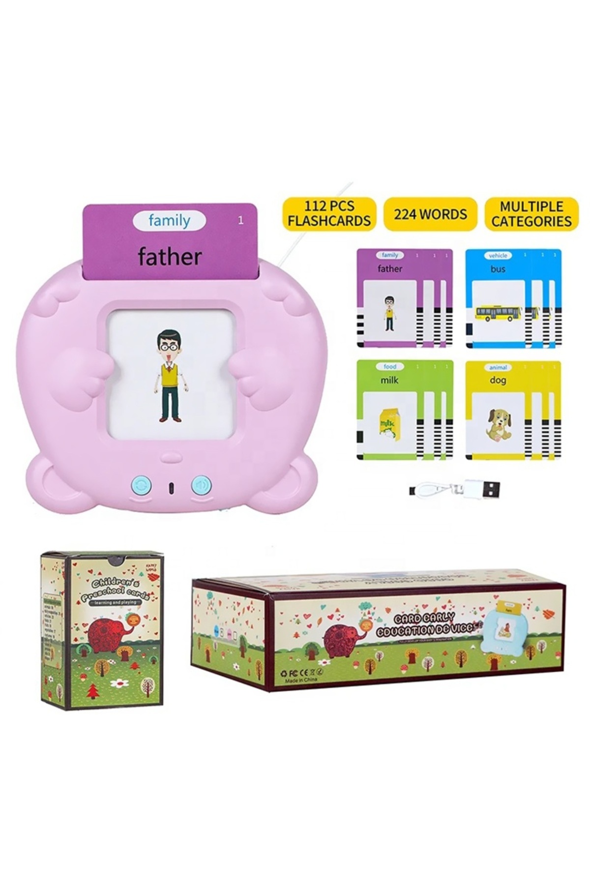 Generic Konuşan Flash Kart İngilizce Öğrenme Oyuncağı 224 Kelime – 112 Kart - Pembe fotoğrafı 4 (önizleme)