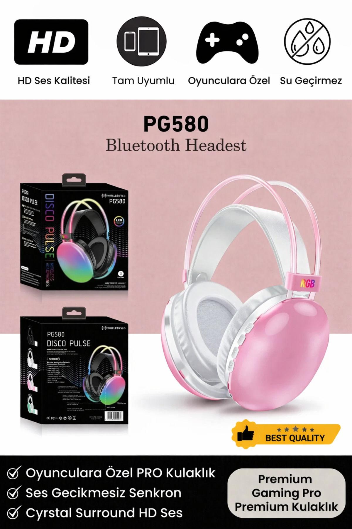 PG 580 Premium Seri Mikrofonlu RGB LED Işıklı Bluetooth Kablosuz Kafa Üstü Kulaklık