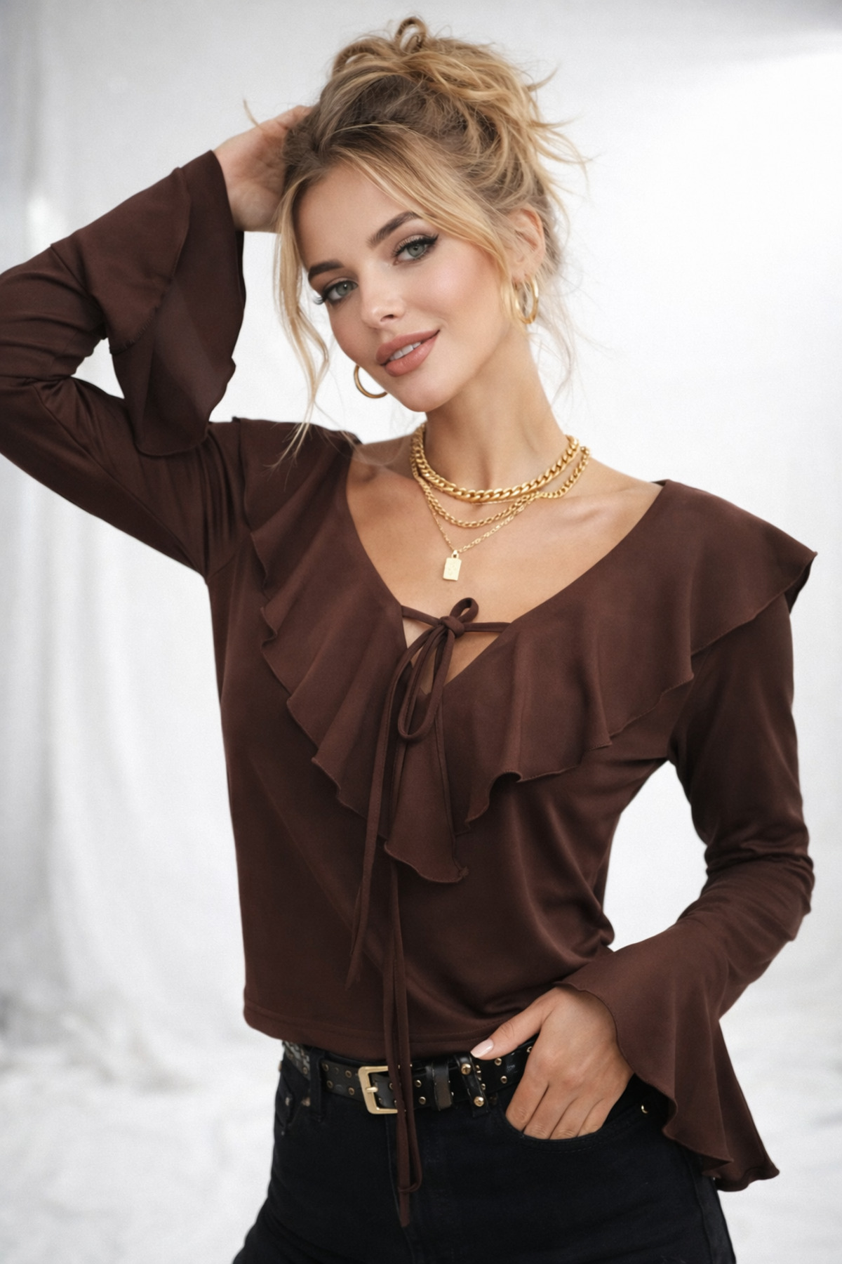 ribana  Kadın V Yaka Fırfır Detaylı Uzun Kollu Crop Trend Bluz 979 - Görsel 4