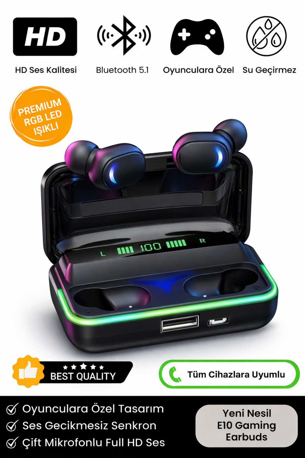 E10 Hd Ses Rgb Işıklı Çift Mikrofonlu 1200 Mah Powerbanklı Oyuncu Kablosuz 5.1 Blutooth Kulaklık