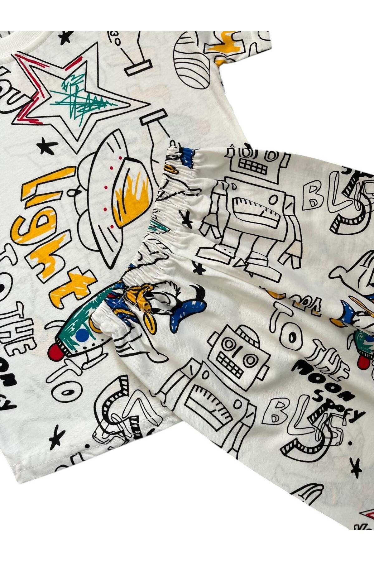 Fil Kids Erkek Çocuk Pamuklu Yazlık İnce Kumaş Beyaz Roket Desenli Kısa Kollu Şortlu Yazlık Pijama Takımı fotoğrafı 3 (önizleme)