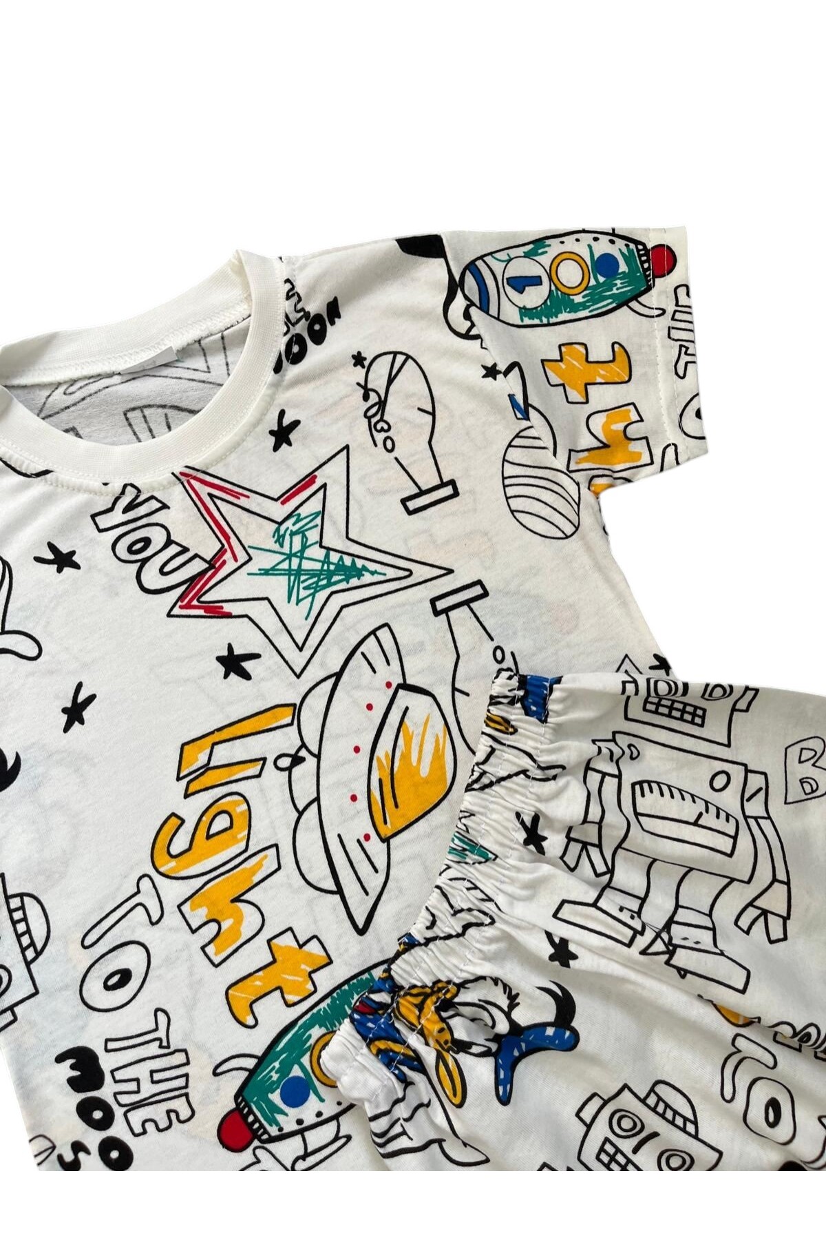 Fil Kids Erkek Çocuk Pamuklu Yazlık İnce Kumaş Beyaz Roket Desenli Kısa Kollu Şortlu Yazlık Pijama Takımı fotoğrafı 2 (önizleme)