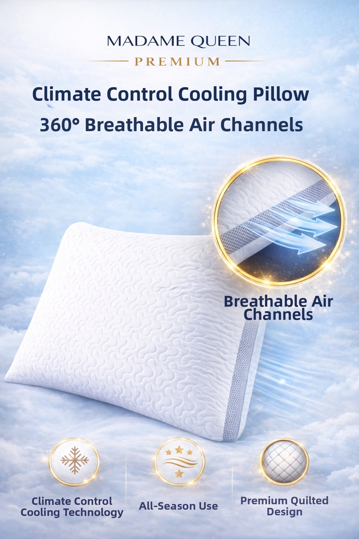 MADAME QUEEN Premium Κλιματιζόμενο Μαξιλάρι – 360 °   Με κανάλια αέρα 800γρ